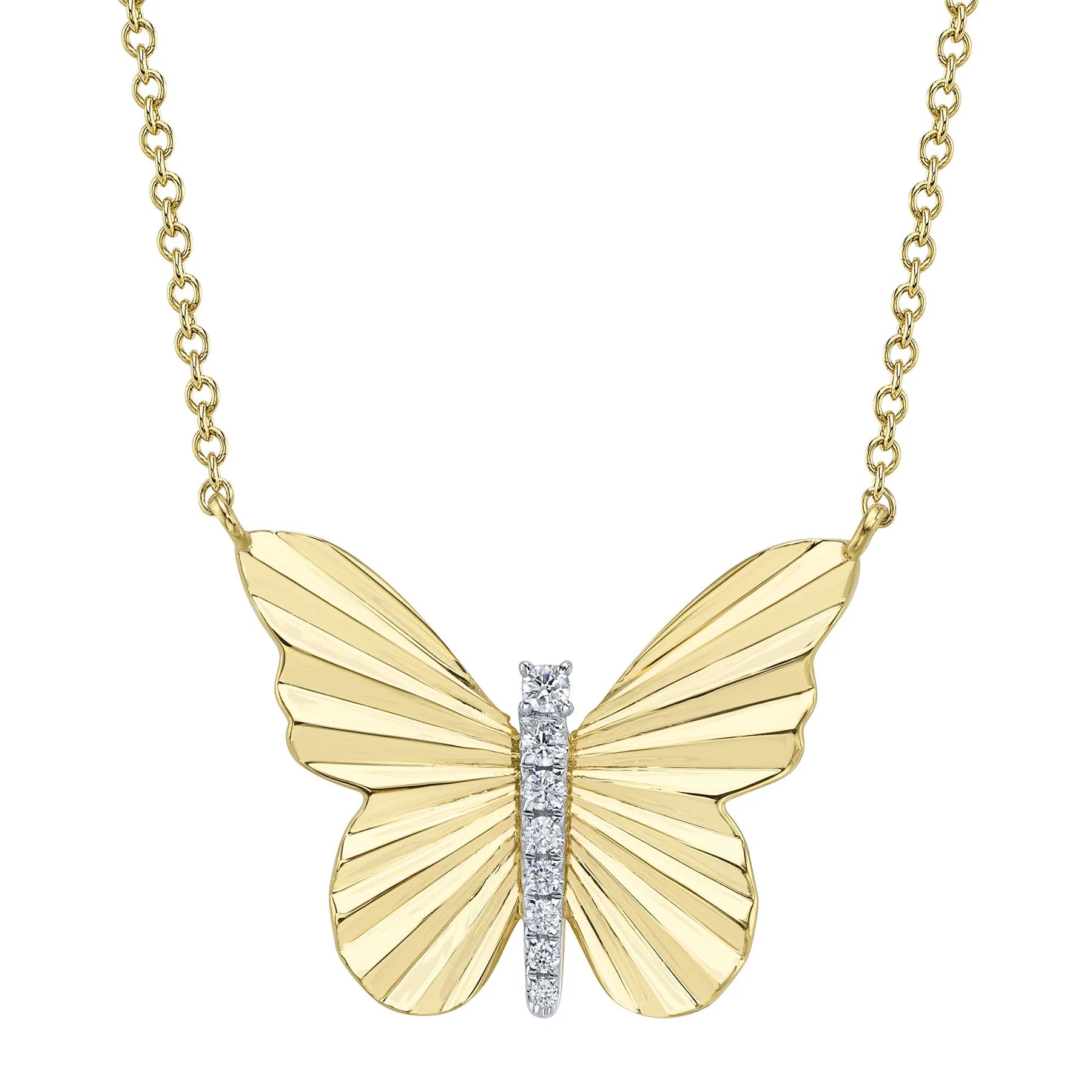14K Yellow Gold 0.06 Carat Diamond Ribbed Butterfly Pendant Necklace - Queen May