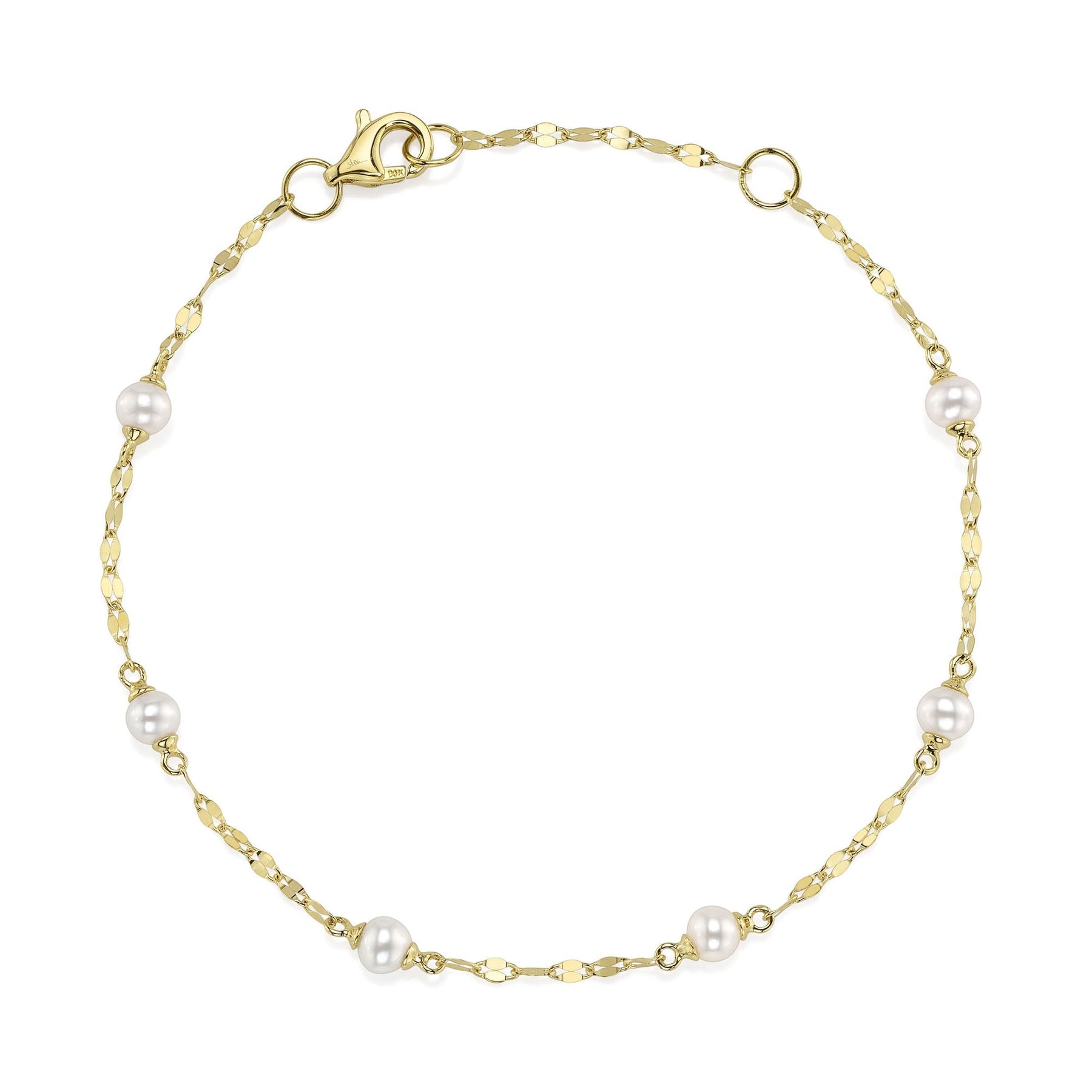 14K Yellow Gold Pearl Station Tinsel Chain Bracelet - Queen May