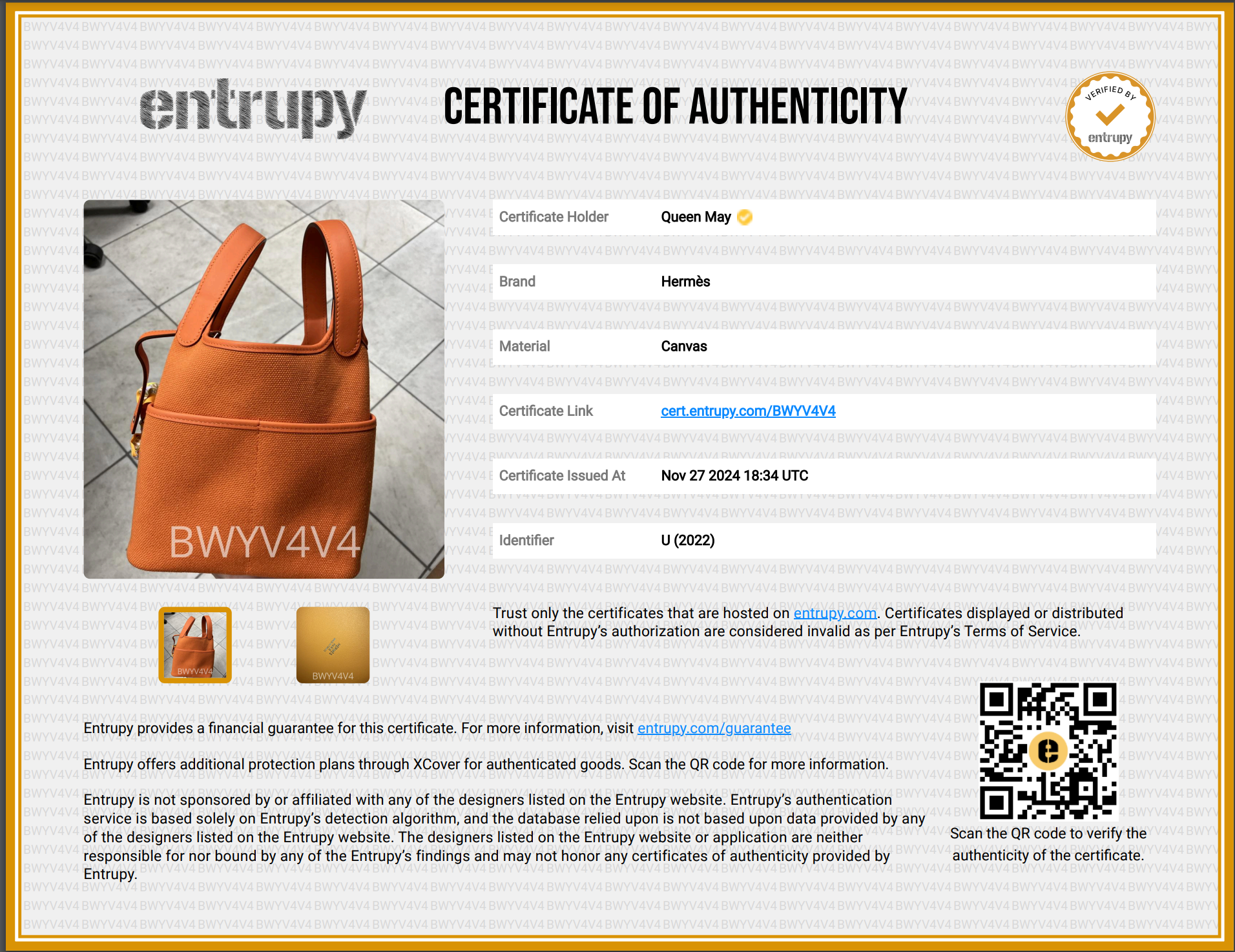 Hermes Orange Swift + Toile Goeland Cargo Picotin Lock 18 Palladium Hardware With Twilly - Queen May