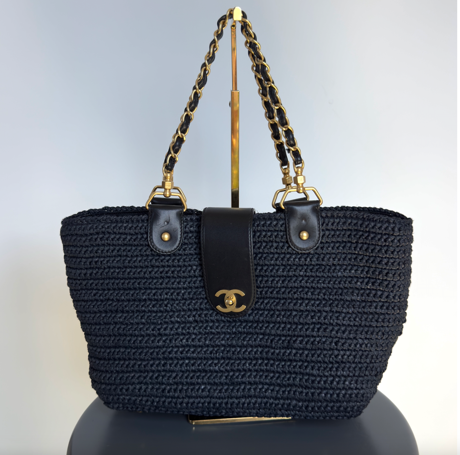 Chanel Woven Raffia Tote Bag Navy - Queen May