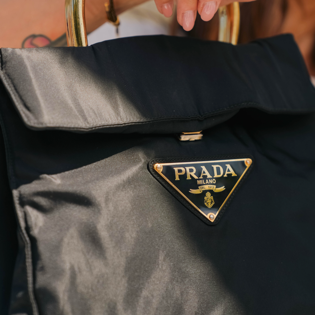 Prada Tessuto Nylon Gold Metal Handle Large Logo - Queen May