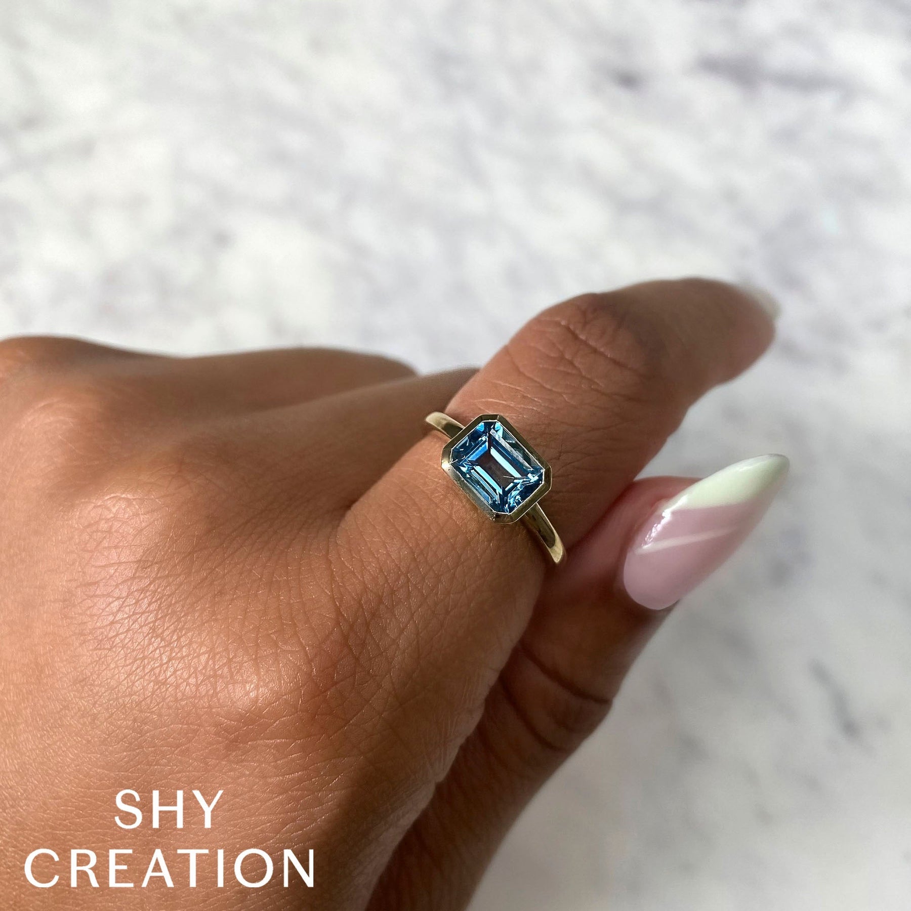 14K White Gold 1.88 Carat Blue Topaz Bezel Ring - Queen May