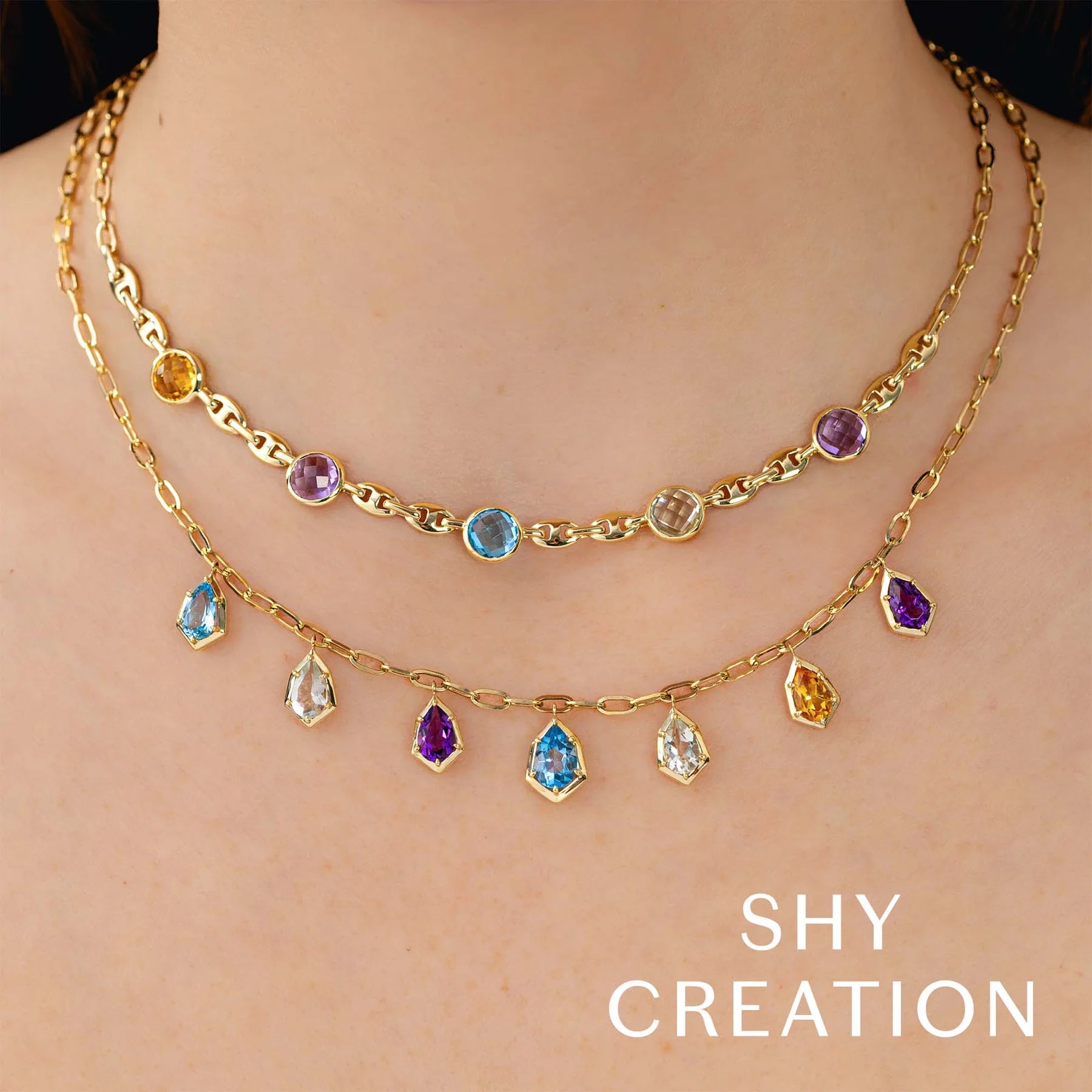 14K Yellow Gold 6.18 Carat Multi-Color Gemstone Fringe Paper Clip Link Necklace - Queen May