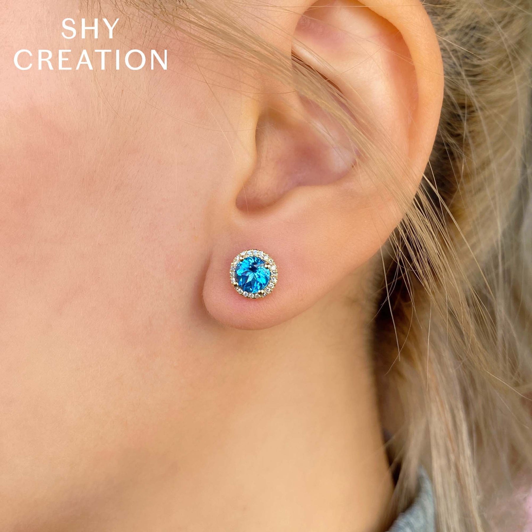14K Gold 2.06 Carat Blue Topaz Diamond Halo Stud Earrings