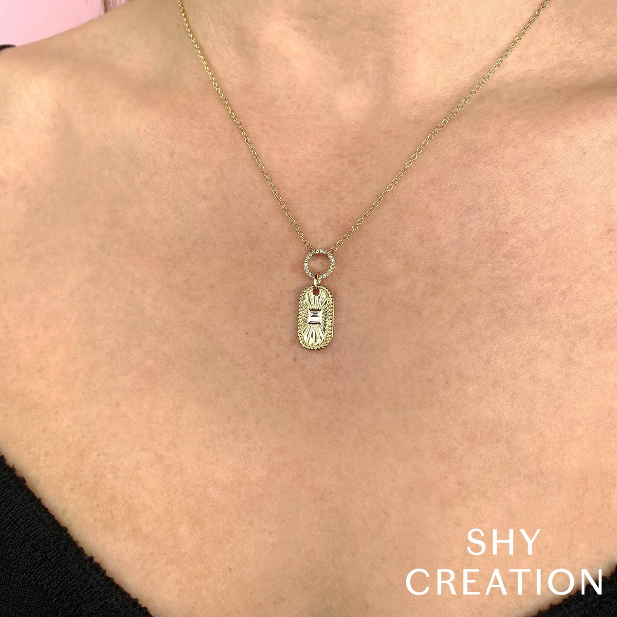 14K Yellow Gold 0.11 Carat Total Weight Diamond Baguette Pendant Necklace - Queen May