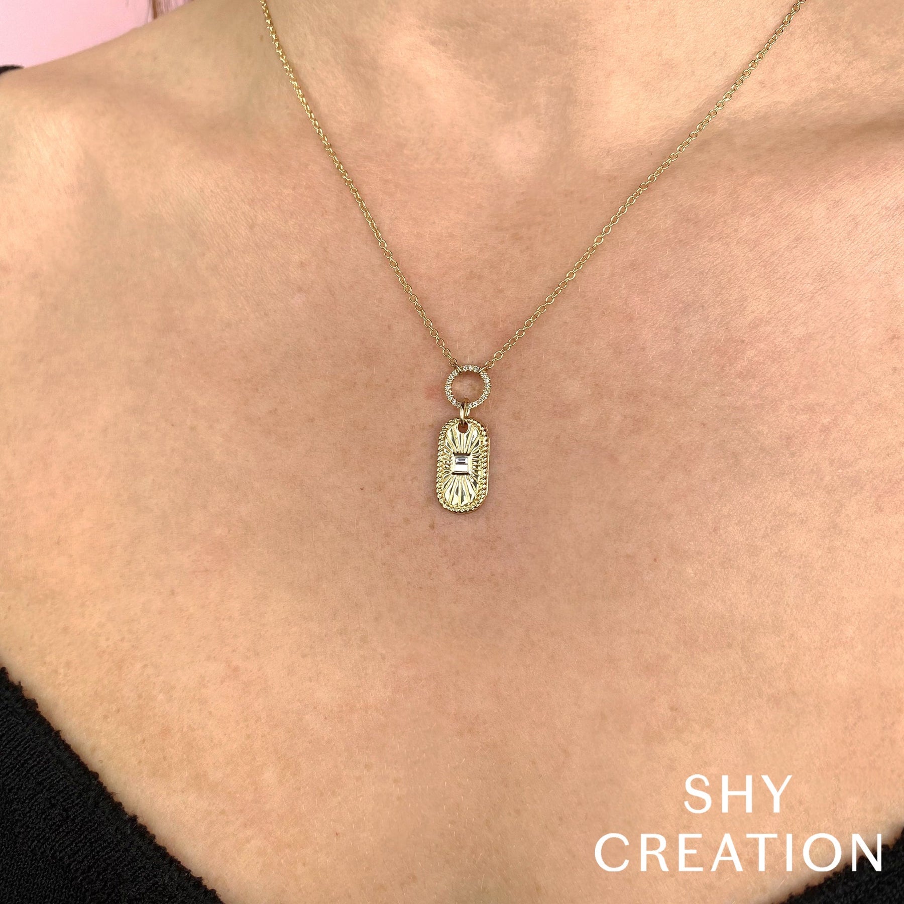 14K Yellow Gold 0.11 Carat Diamond Baguette Tag Pendant Necklace - Queen May