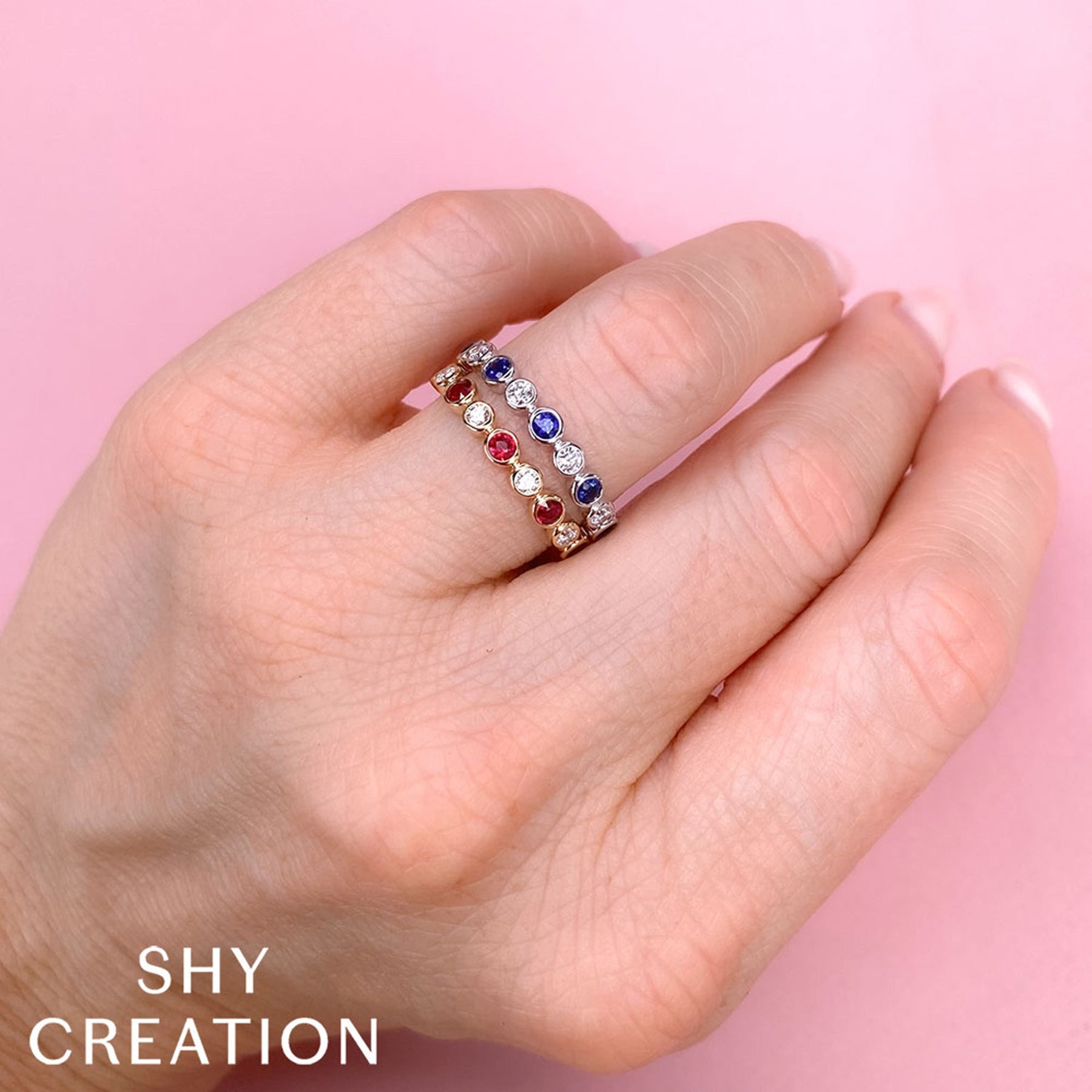 14K Gold 0.36 Carat Round Ruby Diamond Bezel Band - Queen May