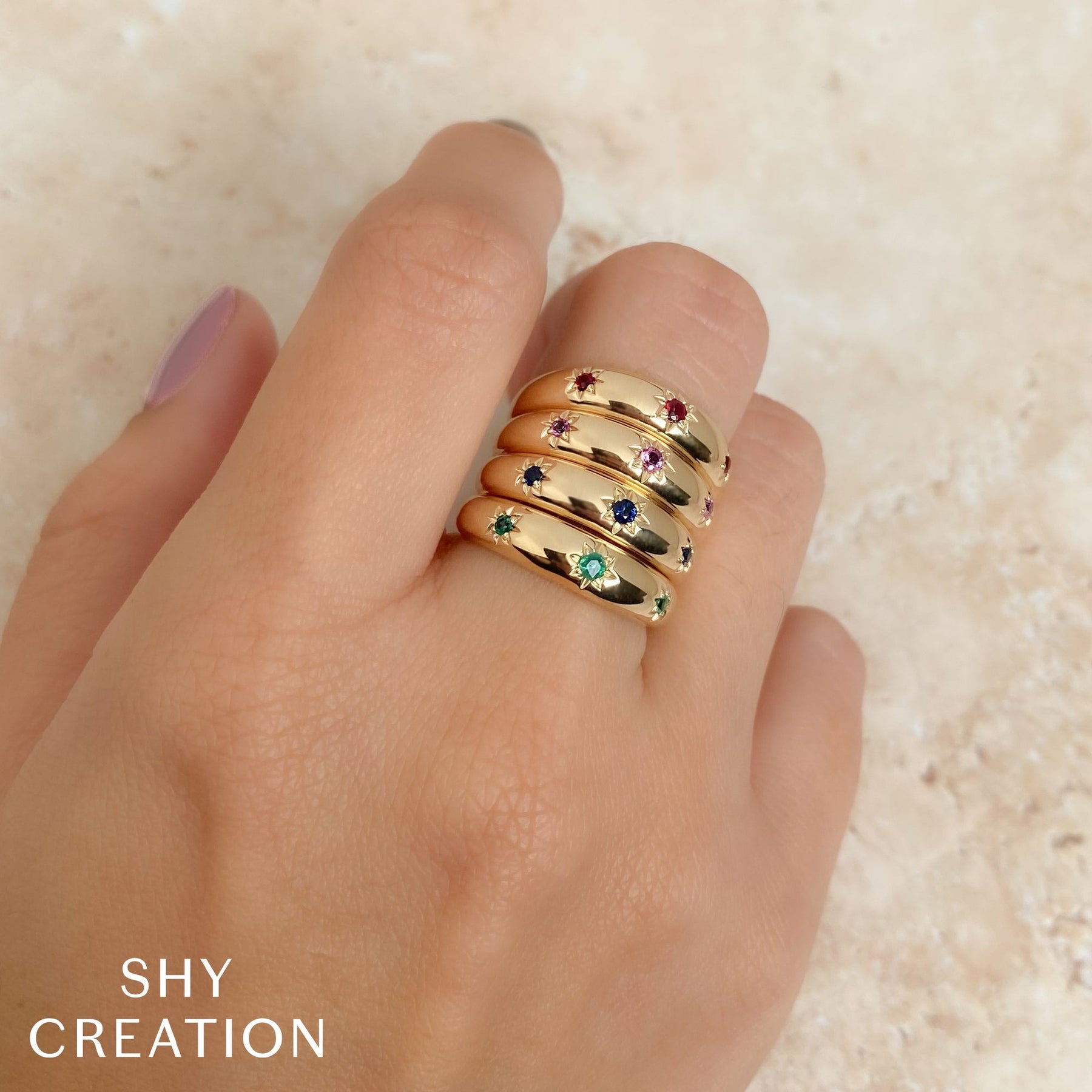 14K Yellow Gold 0.11 Carat Pink Sapphire Starburst Gypsy Ring - Queen May