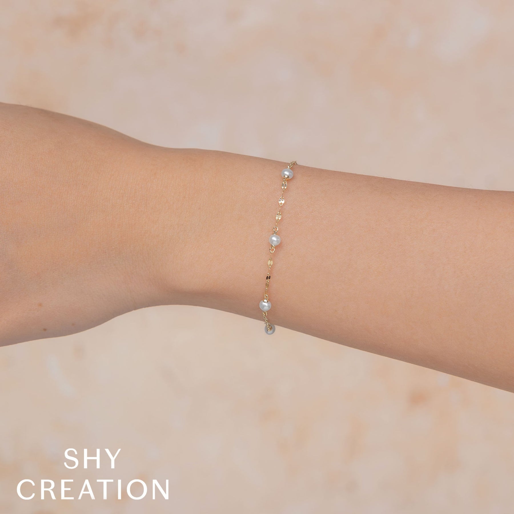 14K Yellow Gold Pearl Station Tinsel Chain Bracelet - Queen May