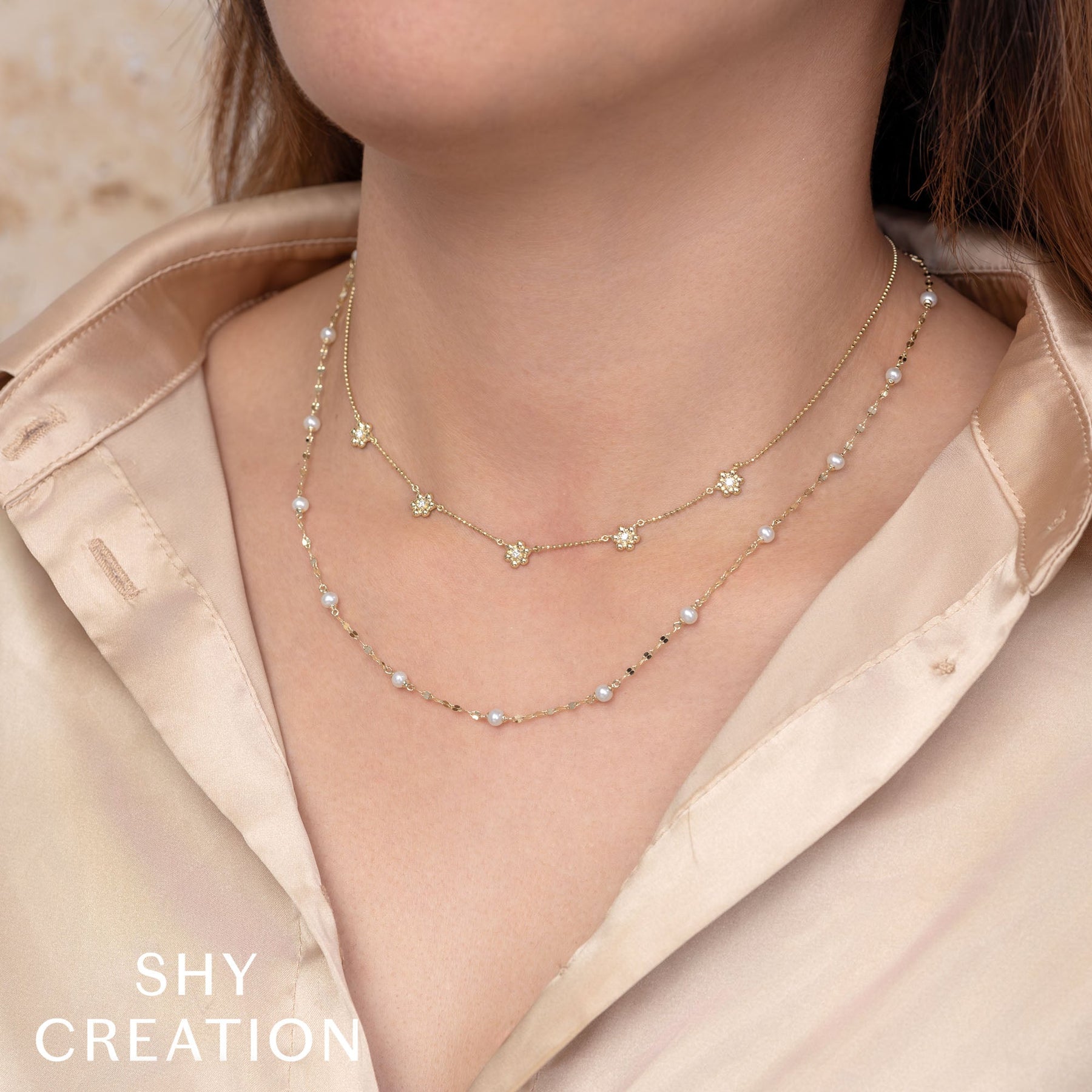 14K Gold Pearl Station Tinsel Chain Necklace - Queen May