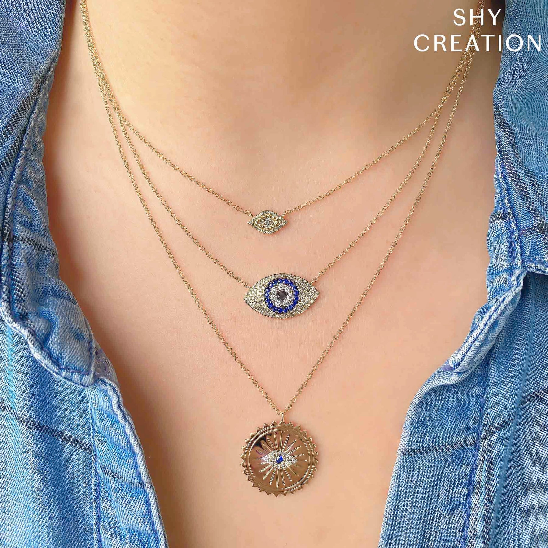 14K Yellow Gold Sapphire & Diamond Evil Eye Medallion Pendant Necklace - Queen May