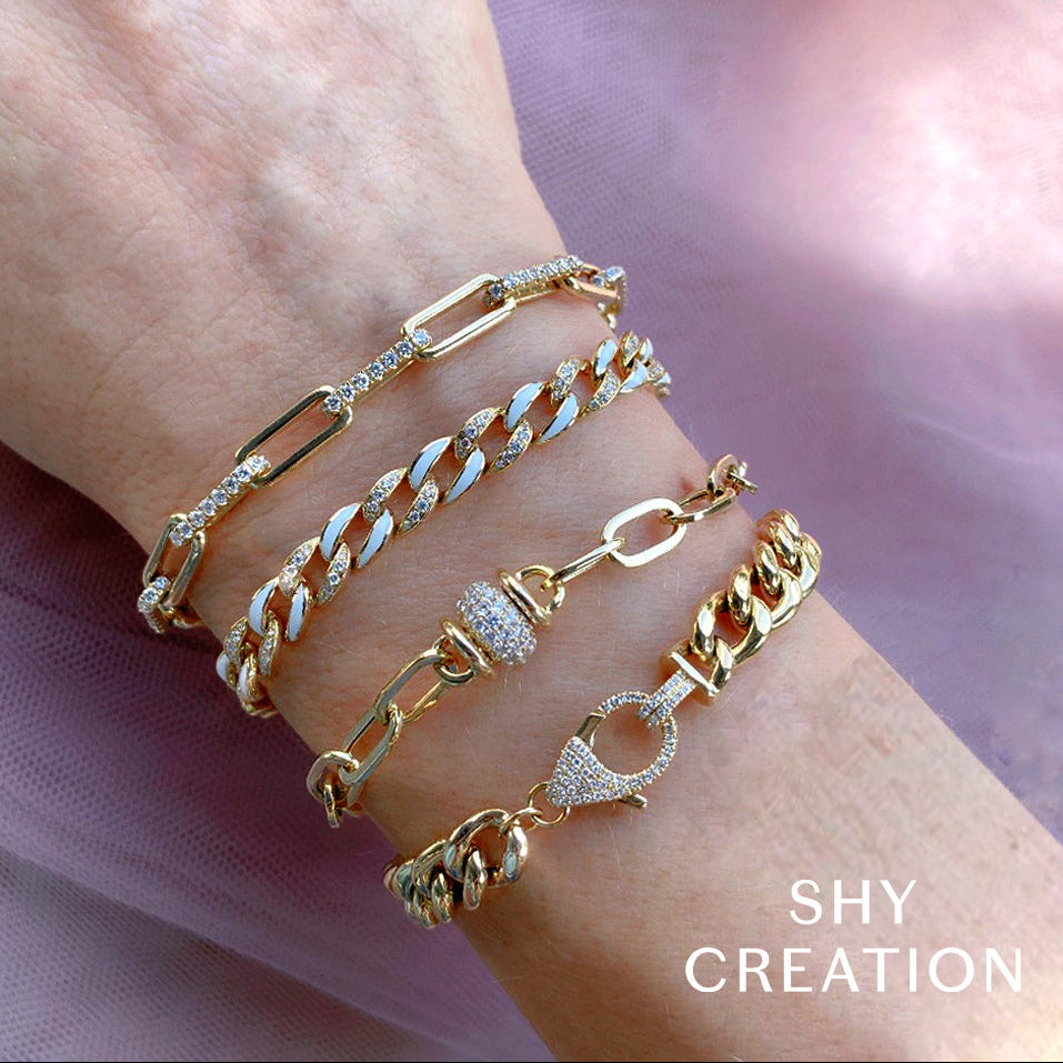 14K Yellow Gold 0.25 Carat Diamond Pave Clasp Hollow Curb Link Bracelet - Queen May