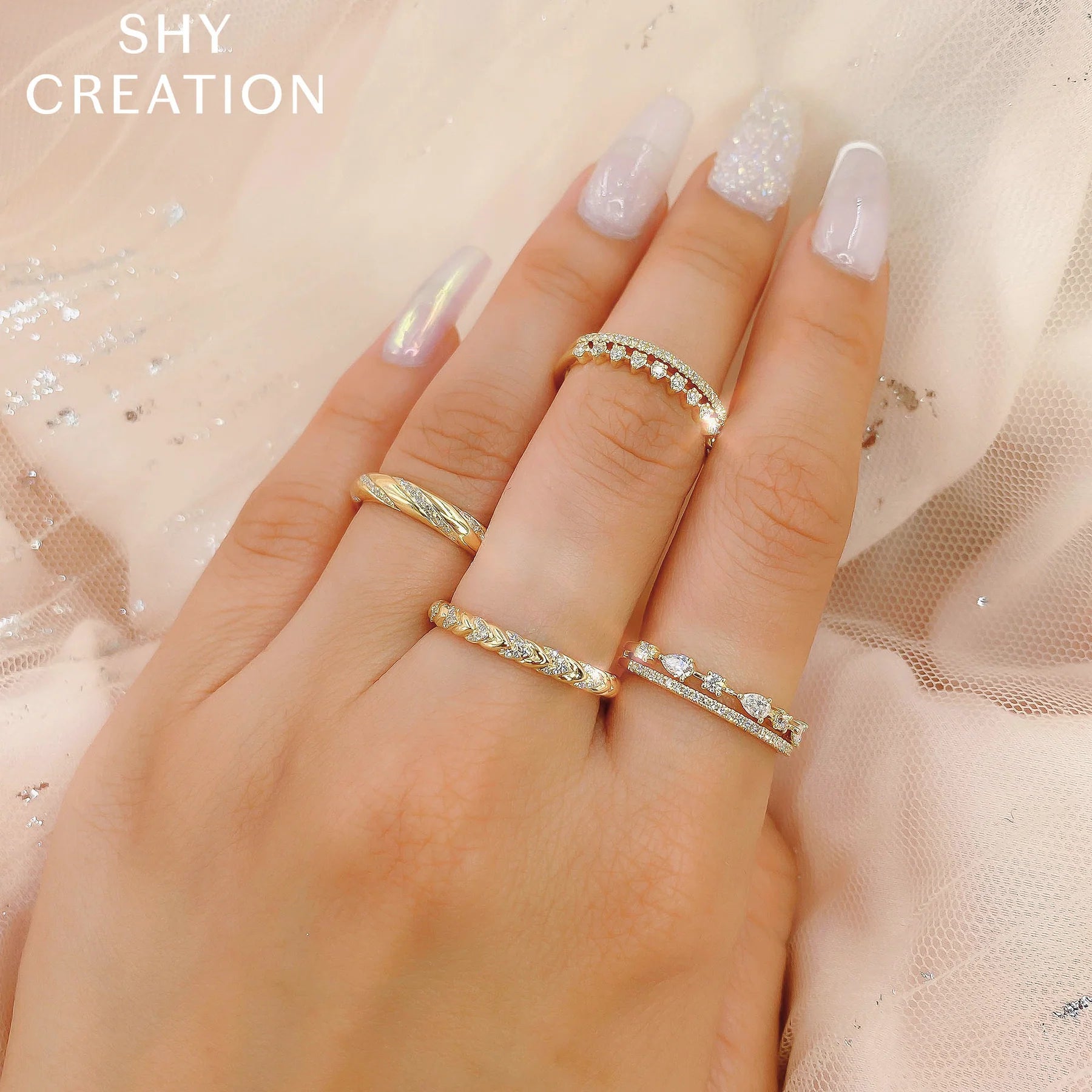 14K Gold Pear & Round Diamond Stackable Wedding Band - Queen May