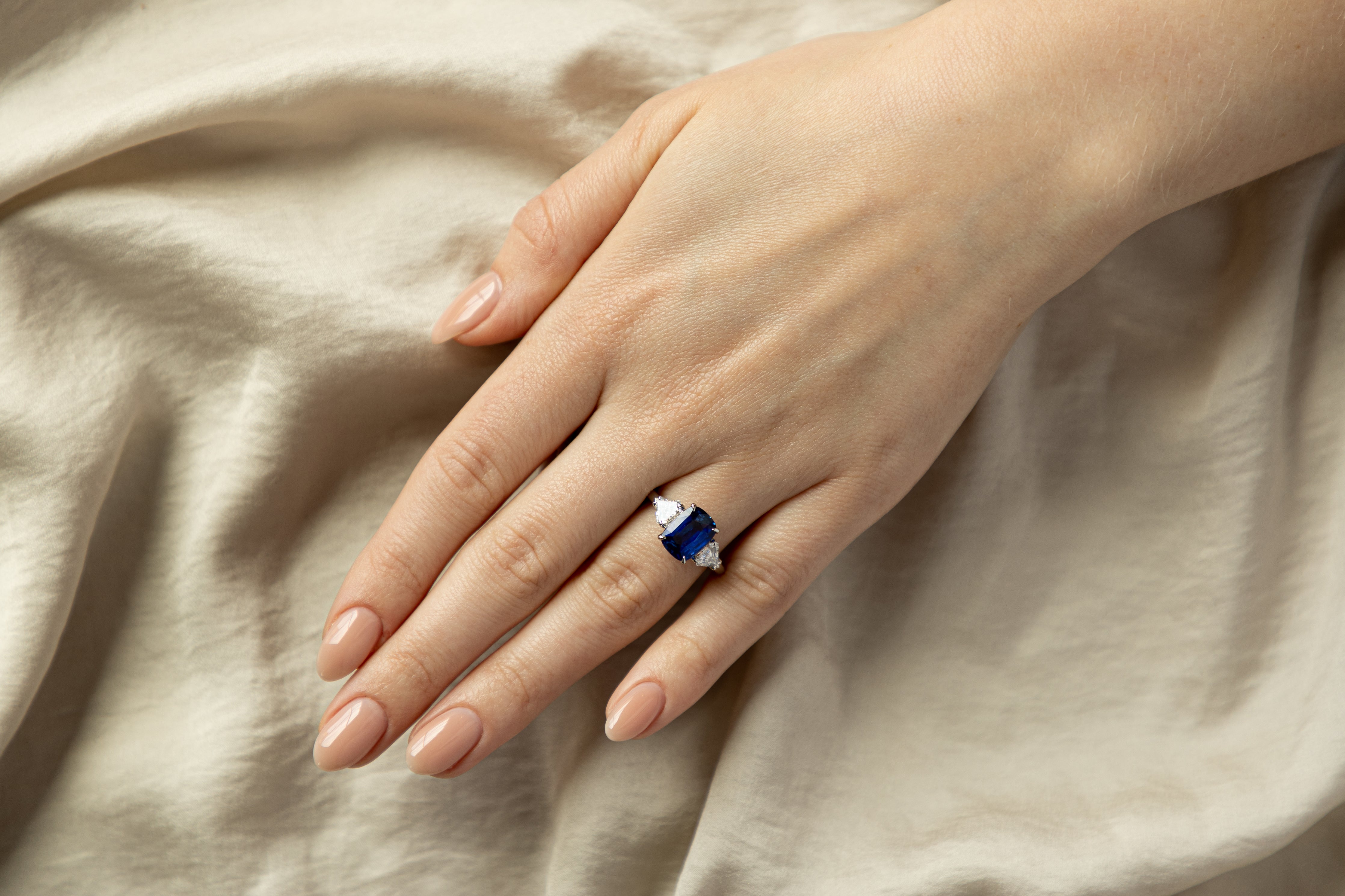 3.72 Carat Cushion Natural Sapphire Shield Diamond Three Stone Ring in Platinum GIA Certified - Queen May
