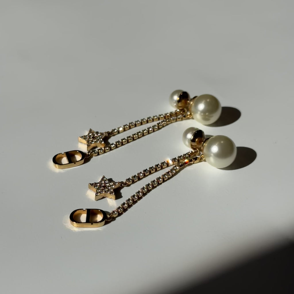 Dior Triabales Earrings Gold Finish Metal White Resin Pearls White Crystals - Queen May