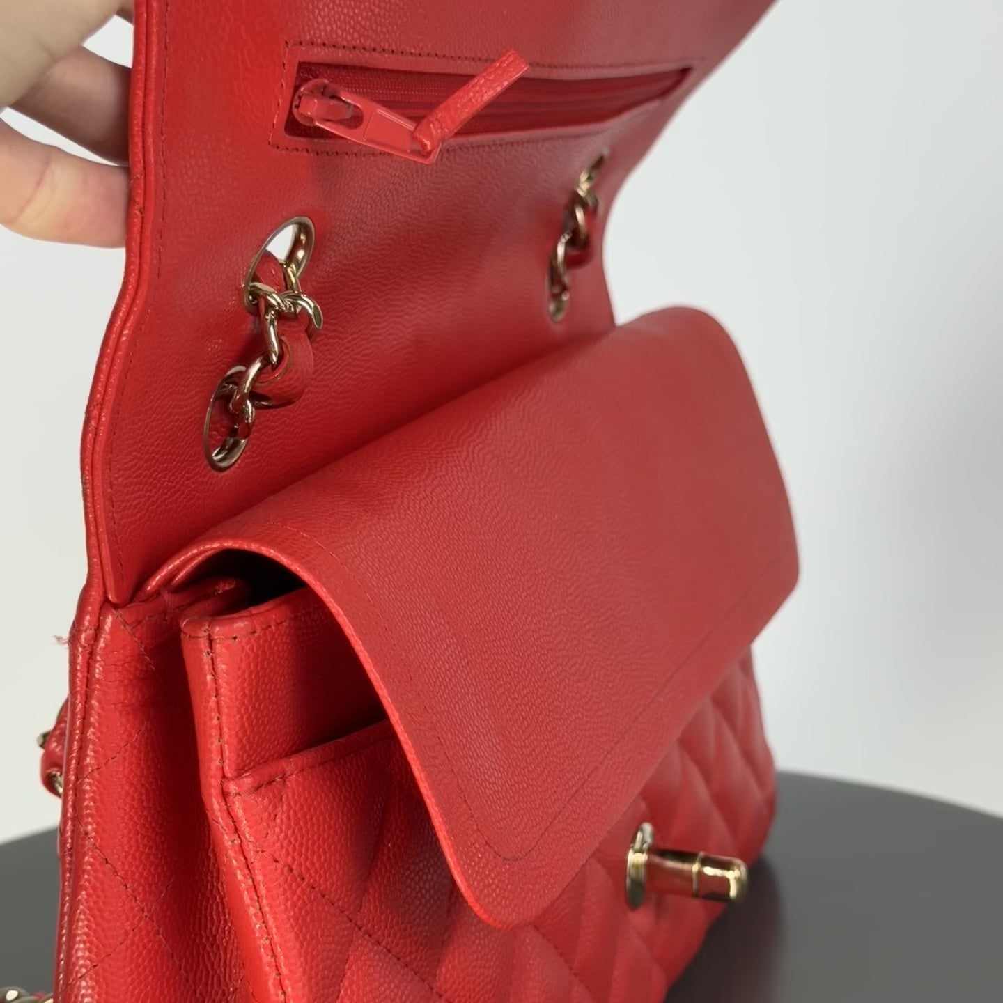 Chanel Caviar Quilted Medium Double Flap 2019 Red Orange Light Gold Hardware - Queen May