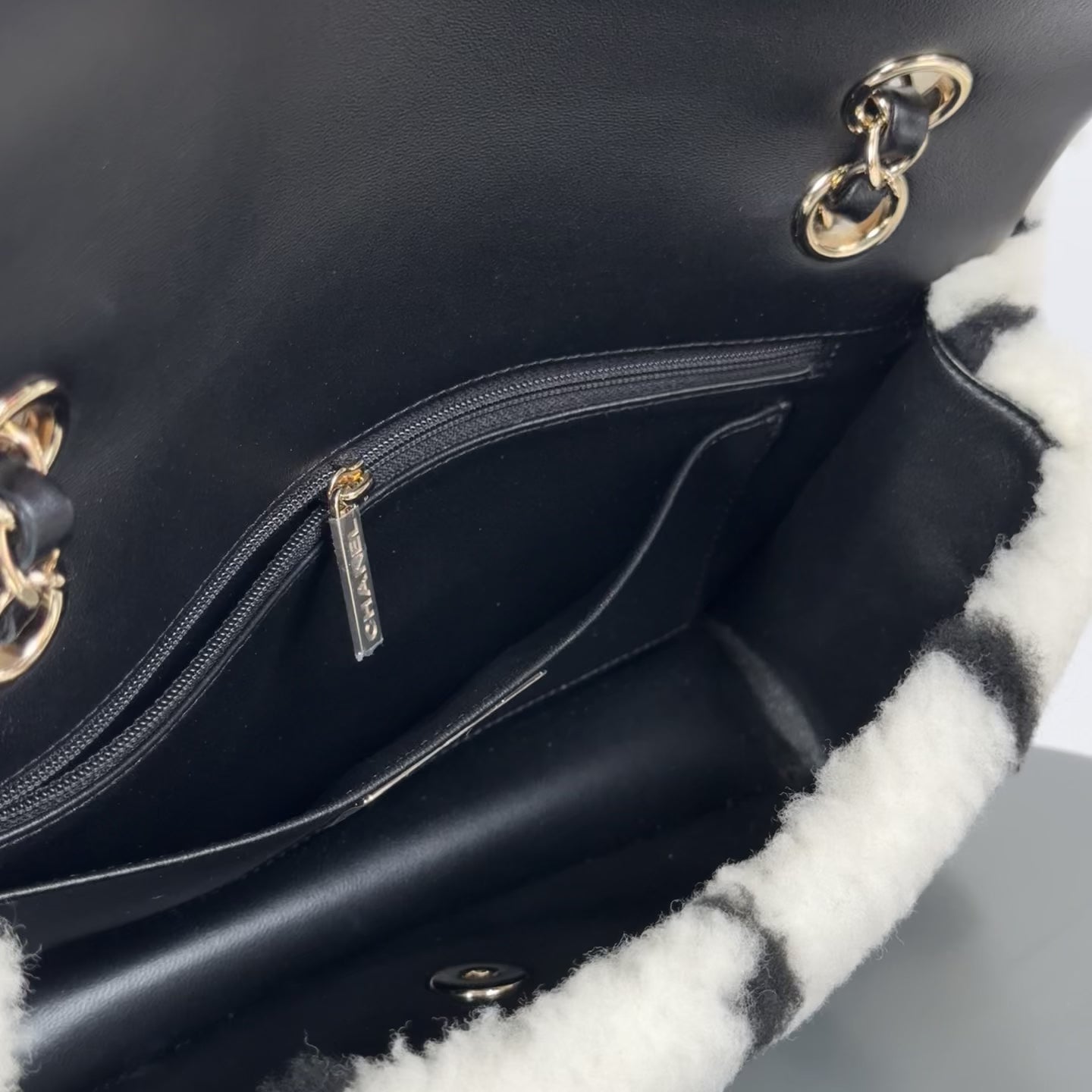 Chanel Black and White Shearling Flap - Queen May