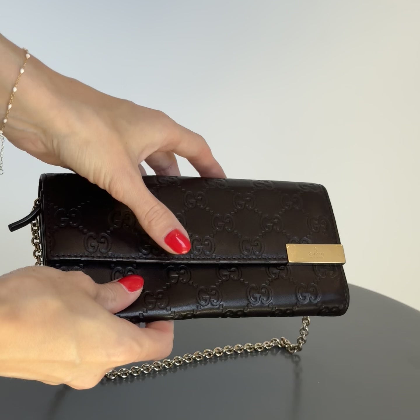 Gucci Brown Guccissima Leather Wallet Chain Clutch Bag - Queen May