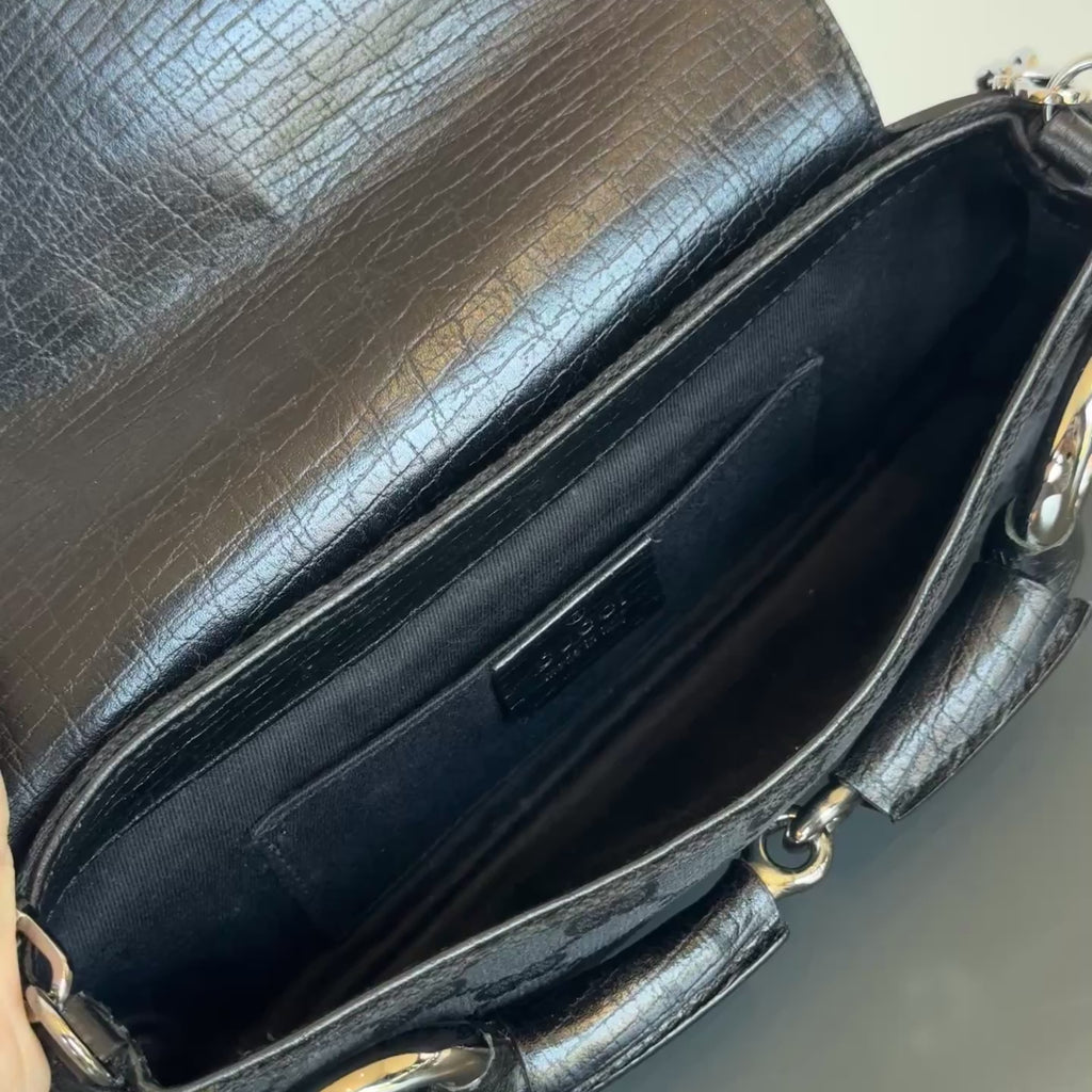 Rare Vintage Gucci Black GG Monogram Horsebit Shoulder Bag - Queen May