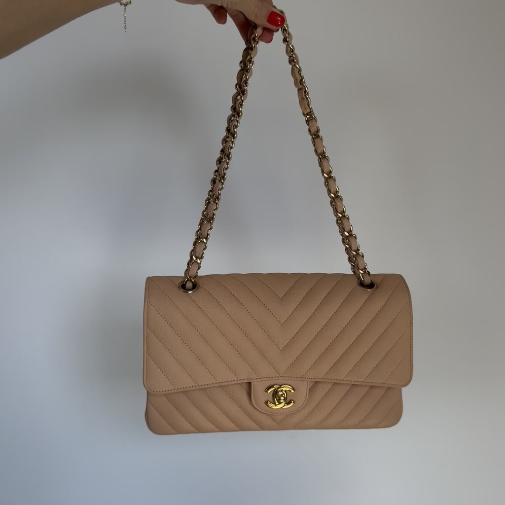 Chanel Caviar Chevron Quilted Medium Double Flap Beige - Queen May
