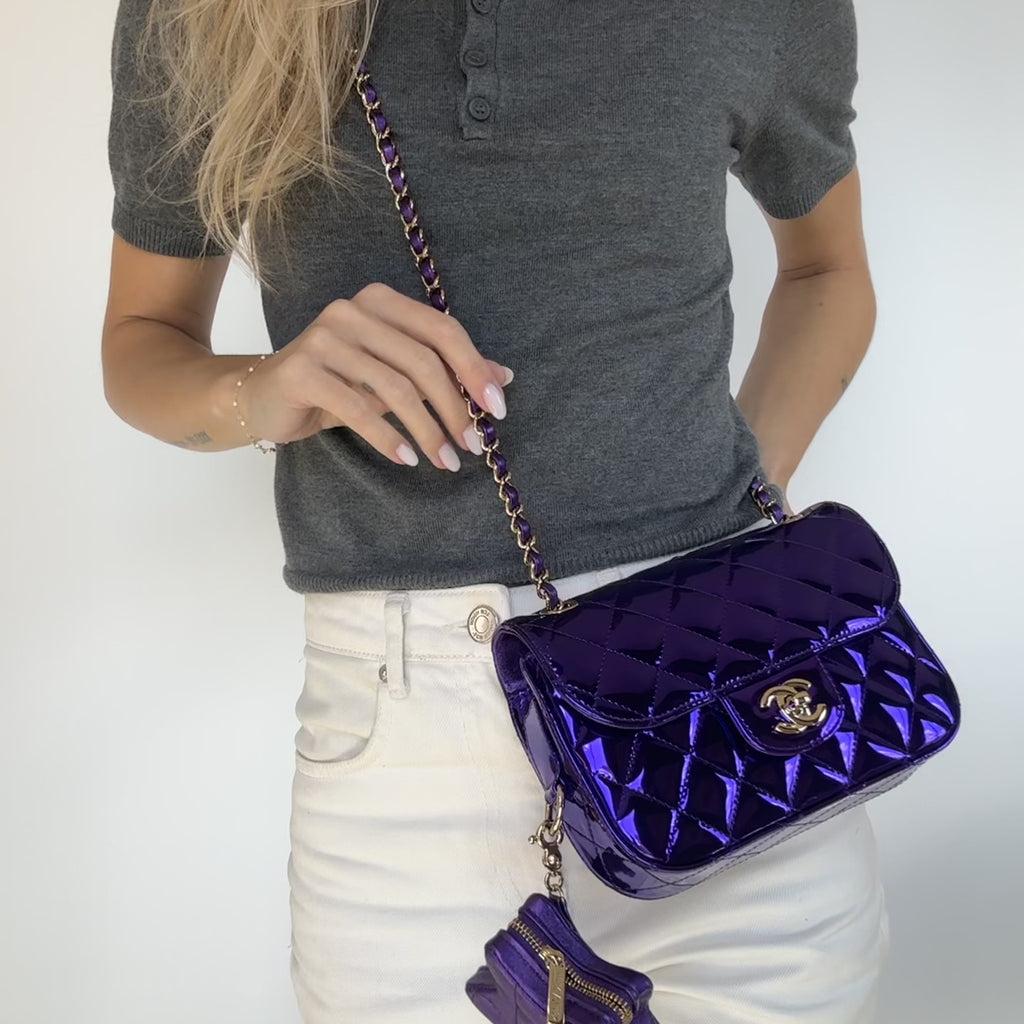 Chanel Metallic Lambskin Hollywood Boulevard Flap Bag With Star Clip On Coin Purse Purple - Queen May