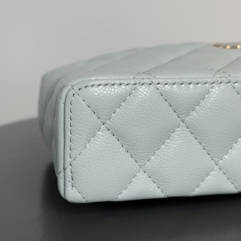 Chanel Caviar Quilted Top Handle Slim Vanity with Chain Light Blue - Queen May
