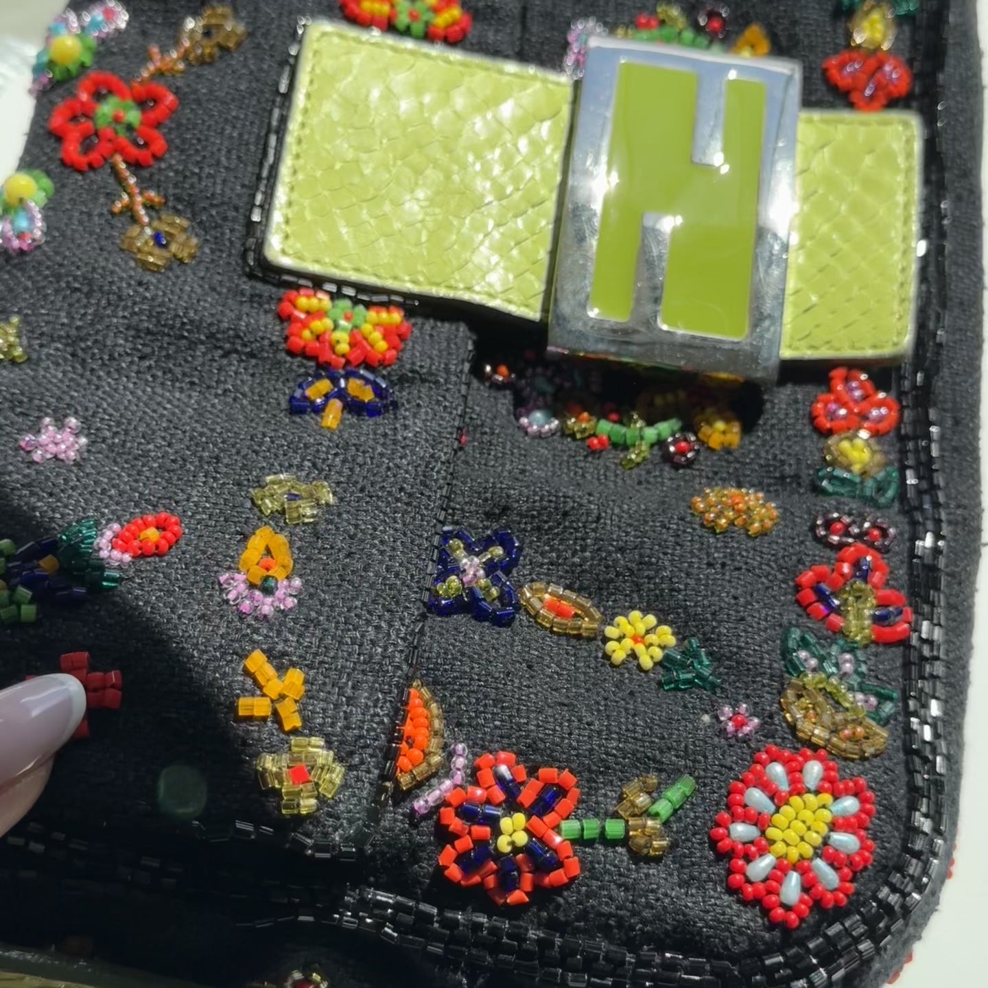 Rare Fendi Black Floral Beaded Baguette With Green Python Strap and Flap - Queen May