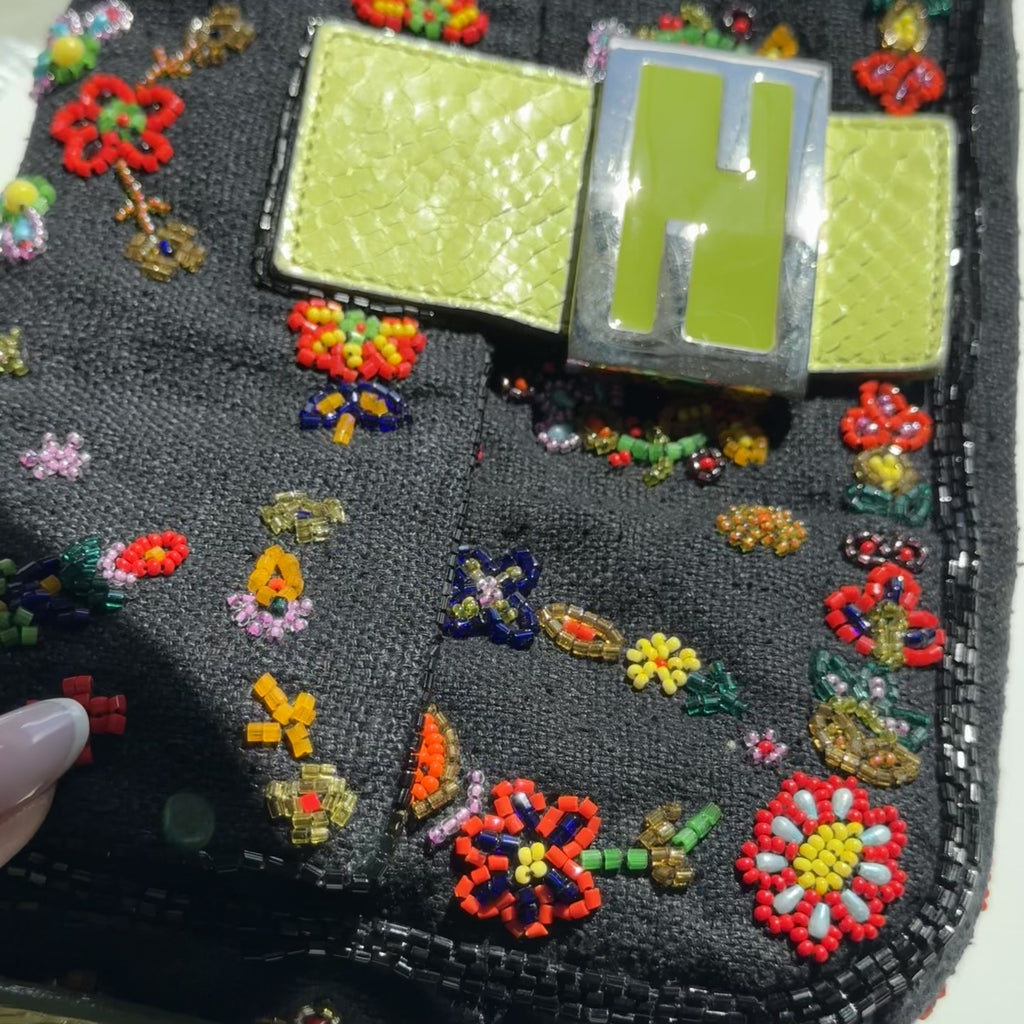 Rare Fendi Black Floral Beaded Baguette With Green Python Strap and Flap - Queen May