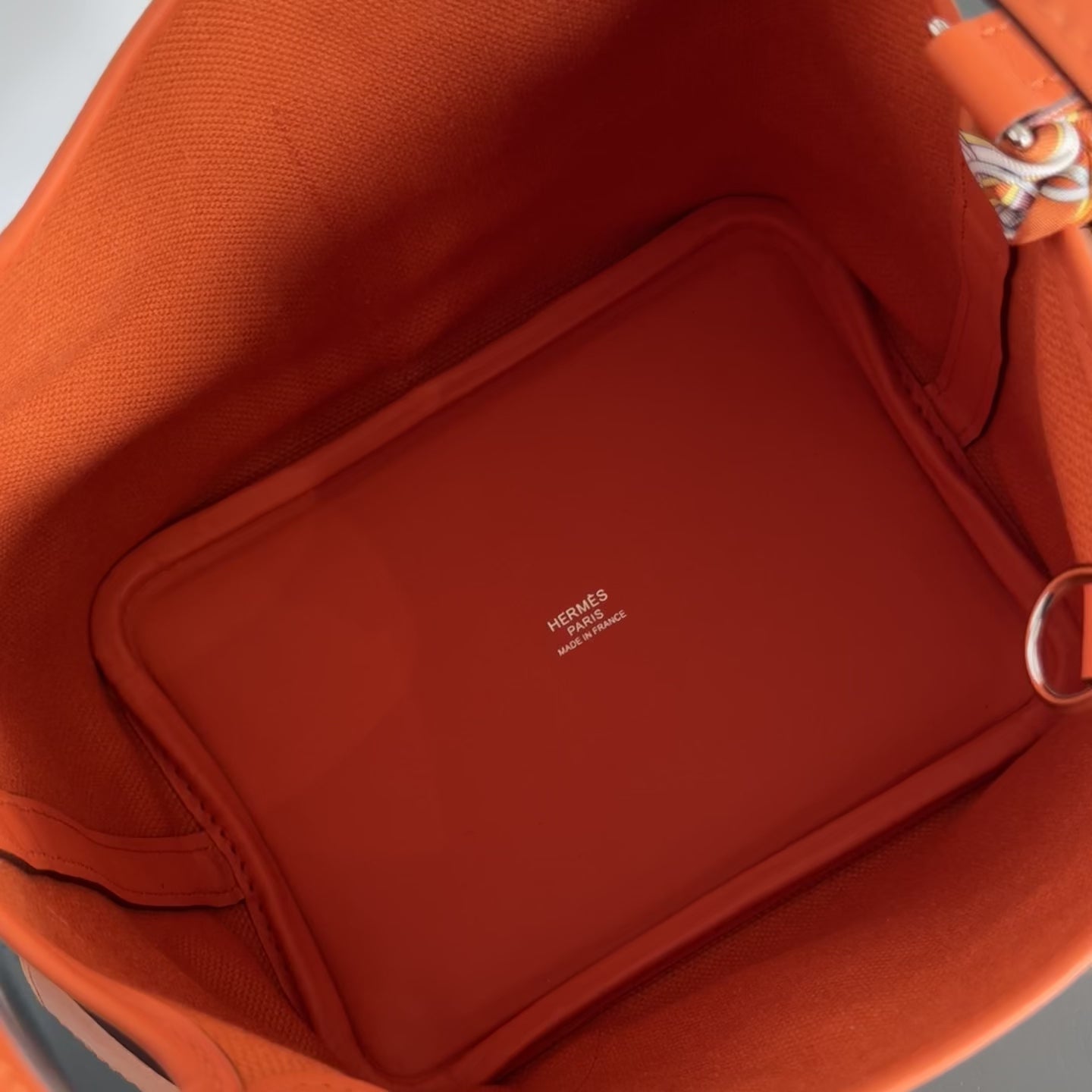 Hermes Orange Swift + Toile Goeland Cargo Picotin Lock 18 Palladium Hardware With Twilly - Queen May