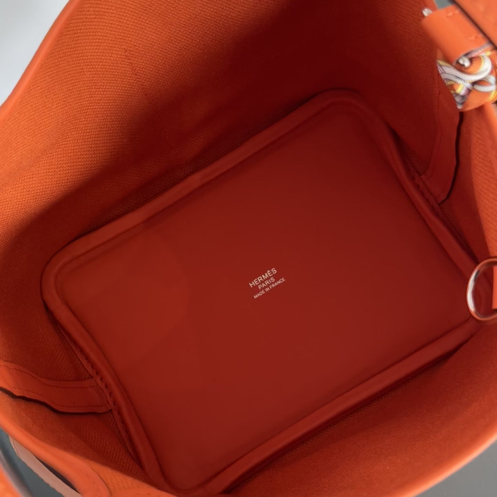 Hermes Orange Swift + Toile Goeland Cargo Picotin Lock 18 Palladium Hardware With Twilly - Queen May