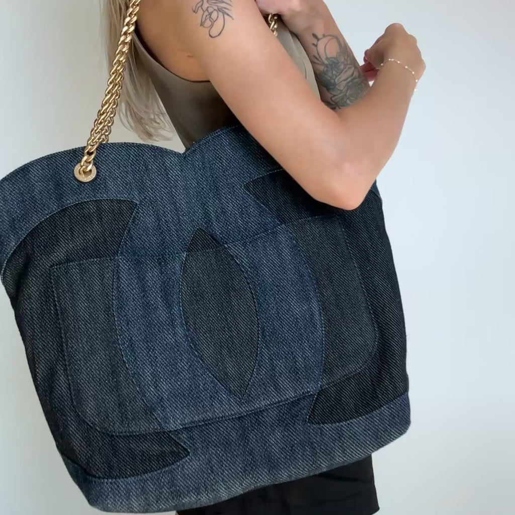 Chanel Denim Large Two Tone CC Shopping Tote with interior removable pochette - Queen May