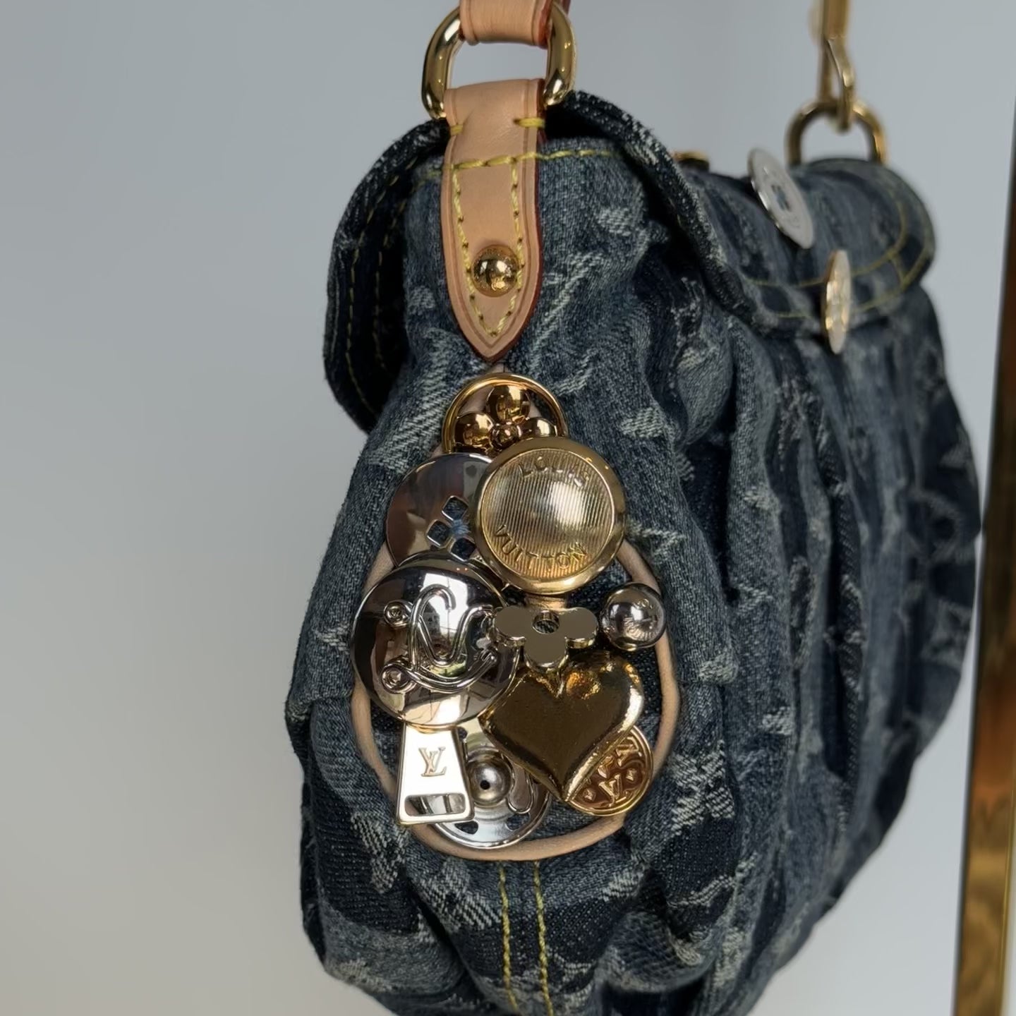 Rare Limited Edition Louis Vuitton Blue Monogram Raye Denim Judy Blame Mini Pleaty Gold & Silver Hardware, 2008 6 Charms - Queen May