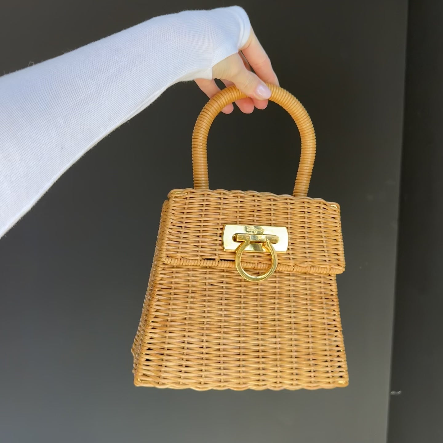 Salvatore Ferragamo Gancini Logo Top Handle Wicker Rattan Bag - Queen May