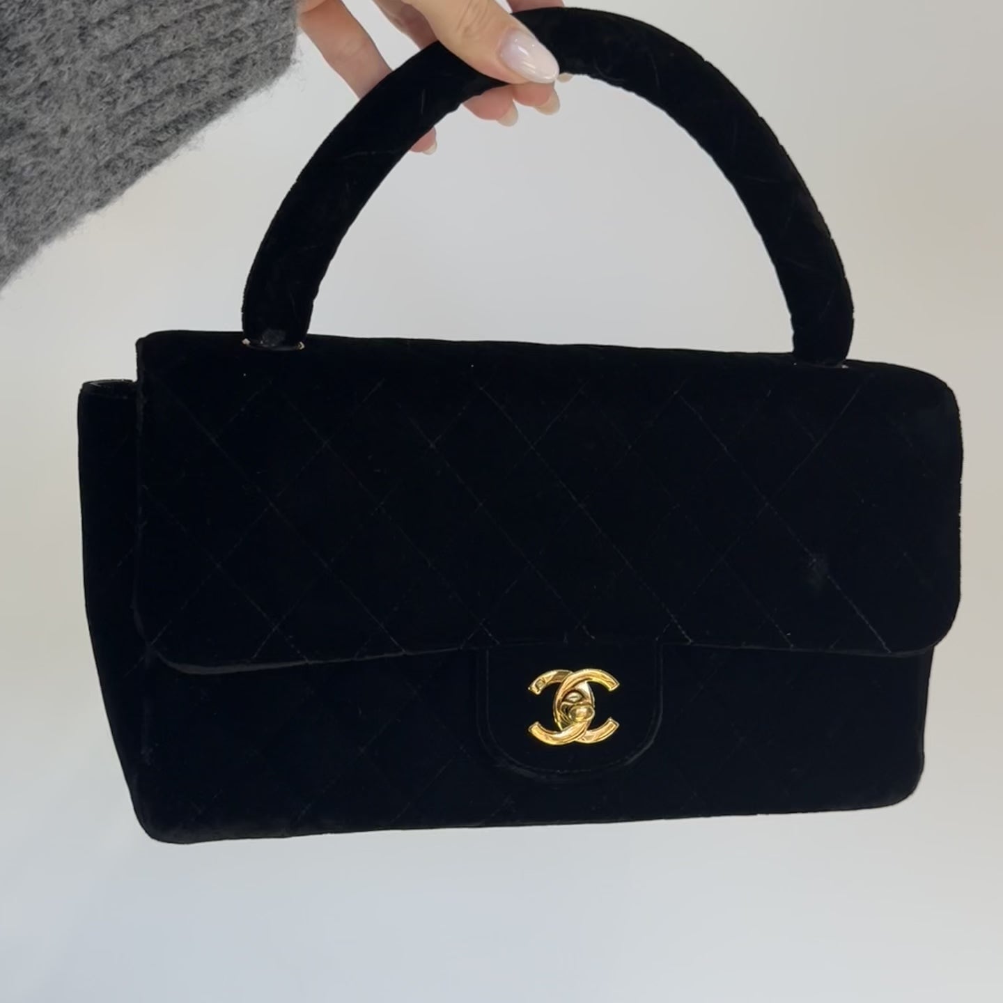 Chanel Black Quilted Velvet Medium Top Handle Bag - Queen May