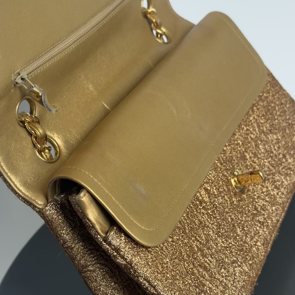 Rare Vintage Chanel Gold Brocade Medium Double Flap - Queen May