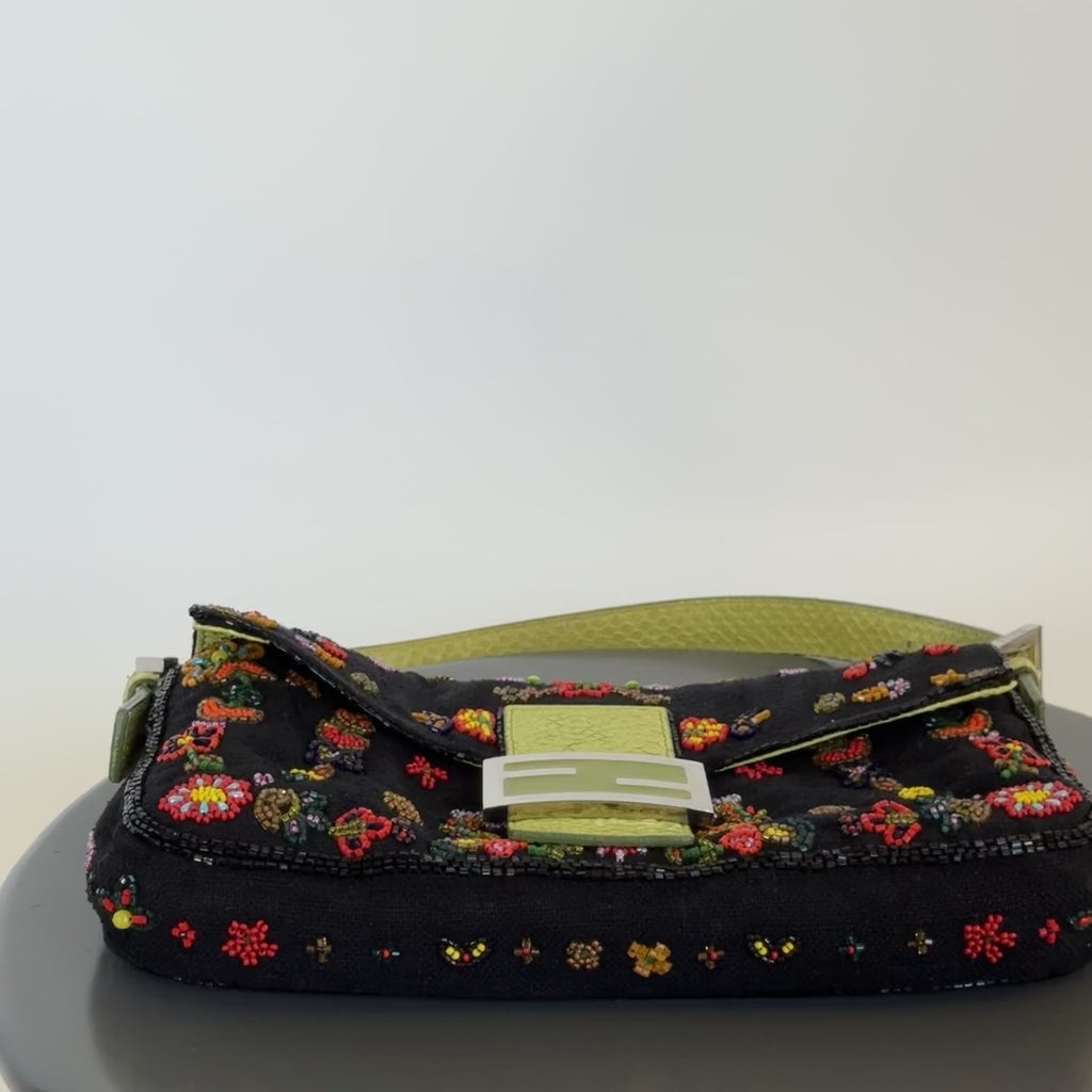 Rare Fendi Black Floral Beaded Baguette With Green Python Strap and Flap - Queen May