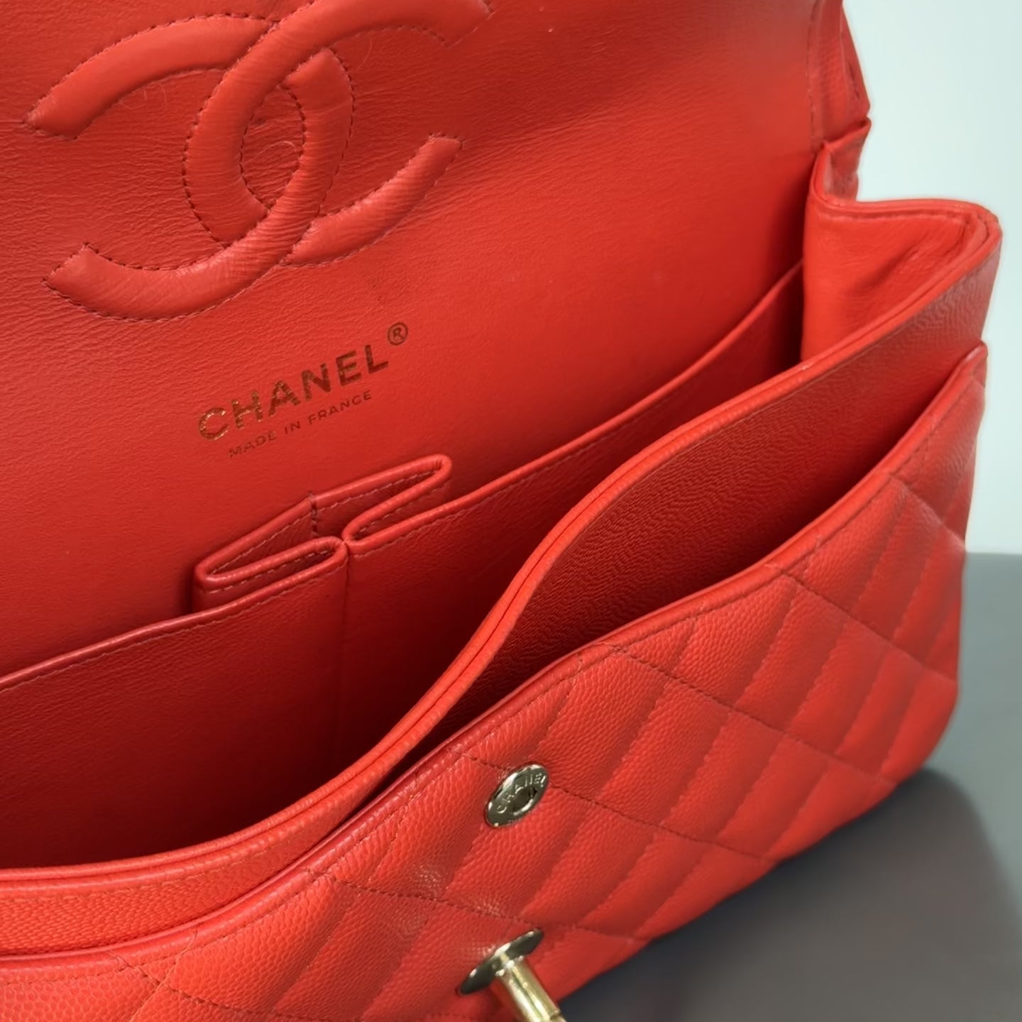 Chanel Caviar Quilted Medium Double Flap 2019 Red Orange Light Gold Hardware - Queen May