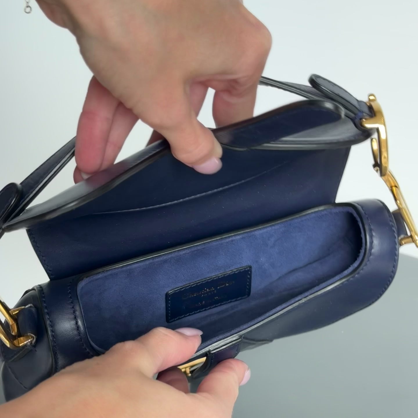 Christian Dior Saddle Leather Mini Handbag Navy With Add on Strap - Queen May