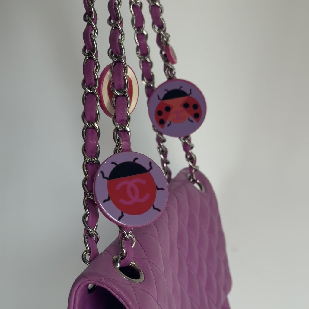Rare Chanel Limited Edition Fuchsia Lambskin Leather Ladybug Charm Single Flap Bag - Queen May