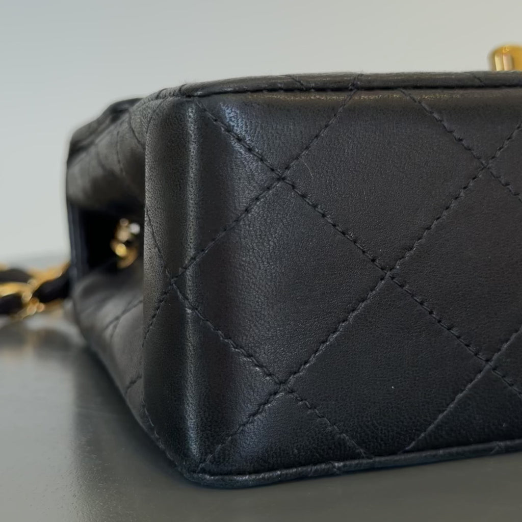 Vintage Chanel Mini Square Lambskin Flap Bag Black - Queen May