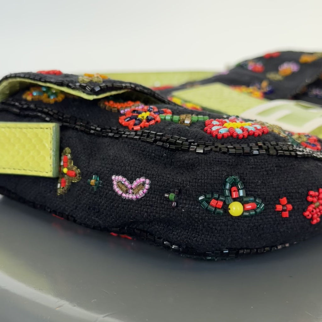 Rare Fendi Black Floral Beaded Baguette With Green Python Strap and Flap - Queen May