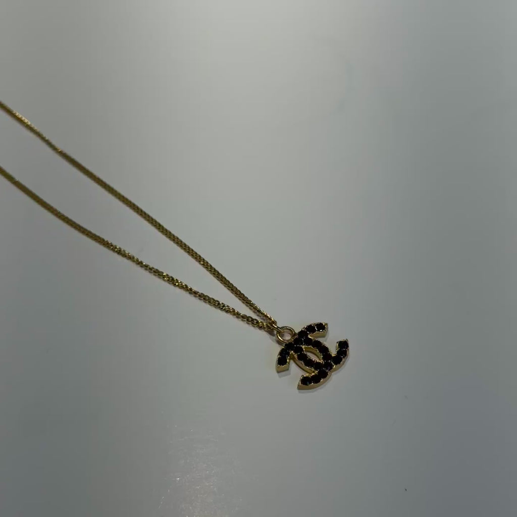 Chanel 2001 A Gold Tone Black Rhinestone CC Necklace - Queen May