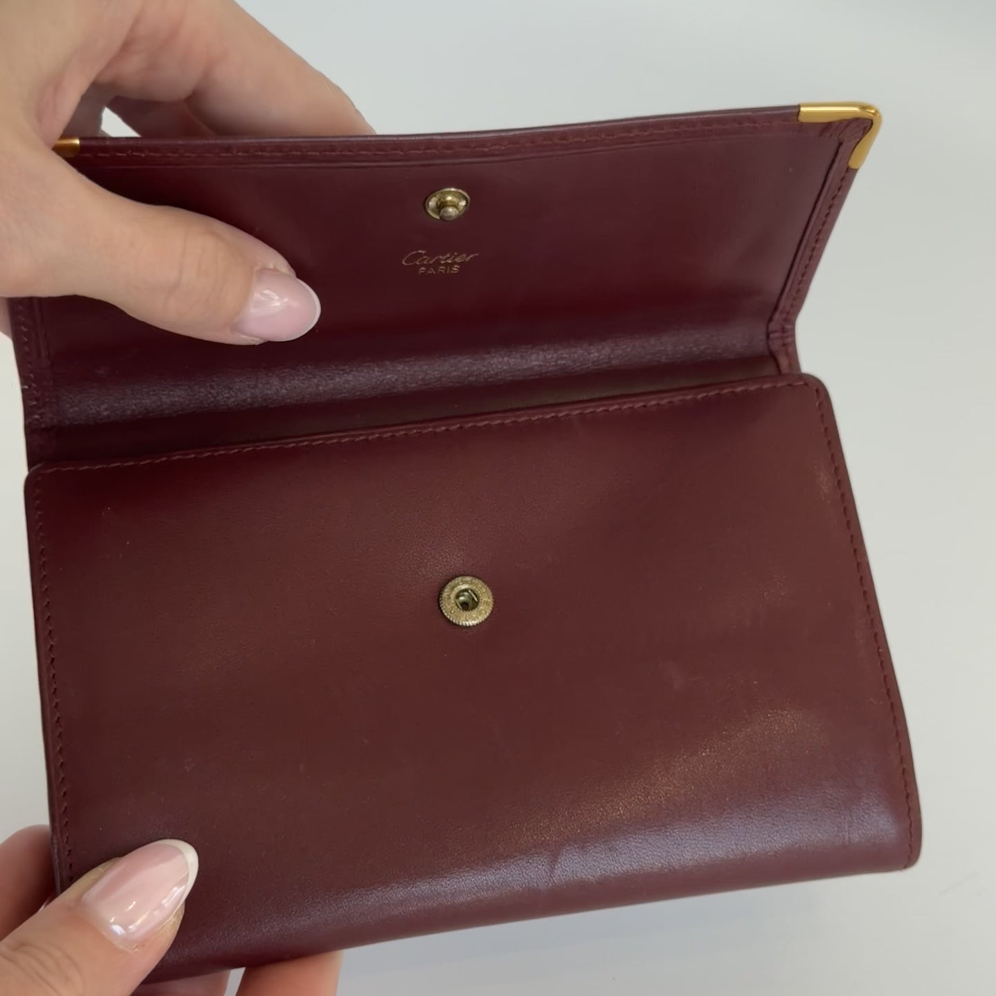 Cartier Paris Logo Kiss Lock Burgundy Tri Fold Wallet - Queen May
