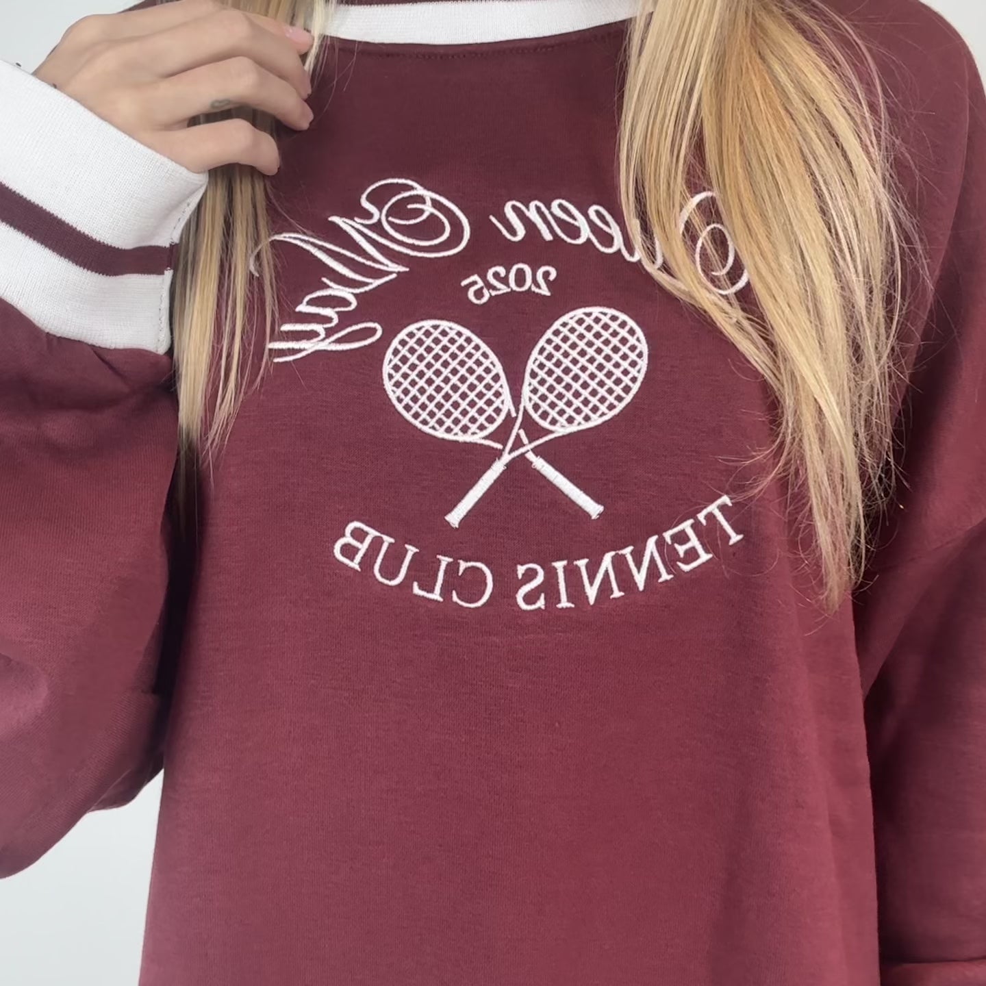 Queen May Tennis Club Embroidered Ribbed Hem Burgundy Sweatshirt - Queen May