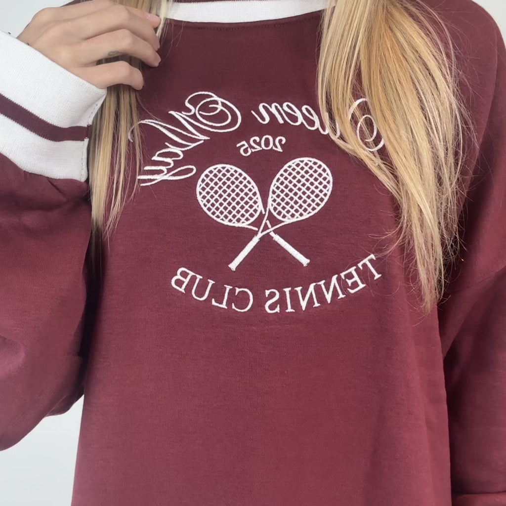 Queen May Tennis Club Embroidered Ribbed Hem Burgundy Sweatshirt - Queen May