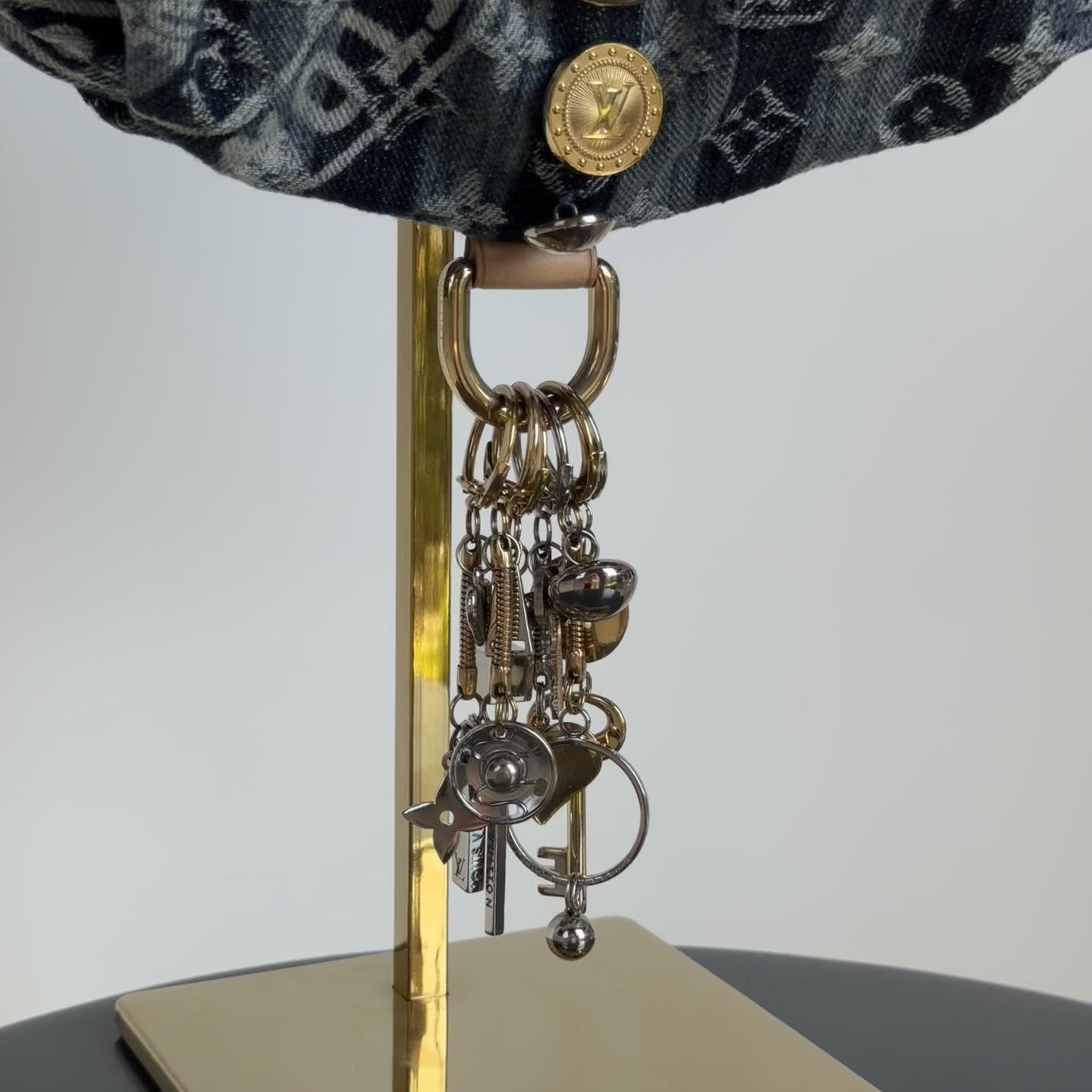 Rare Limited Edition Louis Vuitton Blue Monogram Raye Denim Judy Blame Mini Pleaty Gold & Silver Hardware, 2008 6 Charms - Queen May