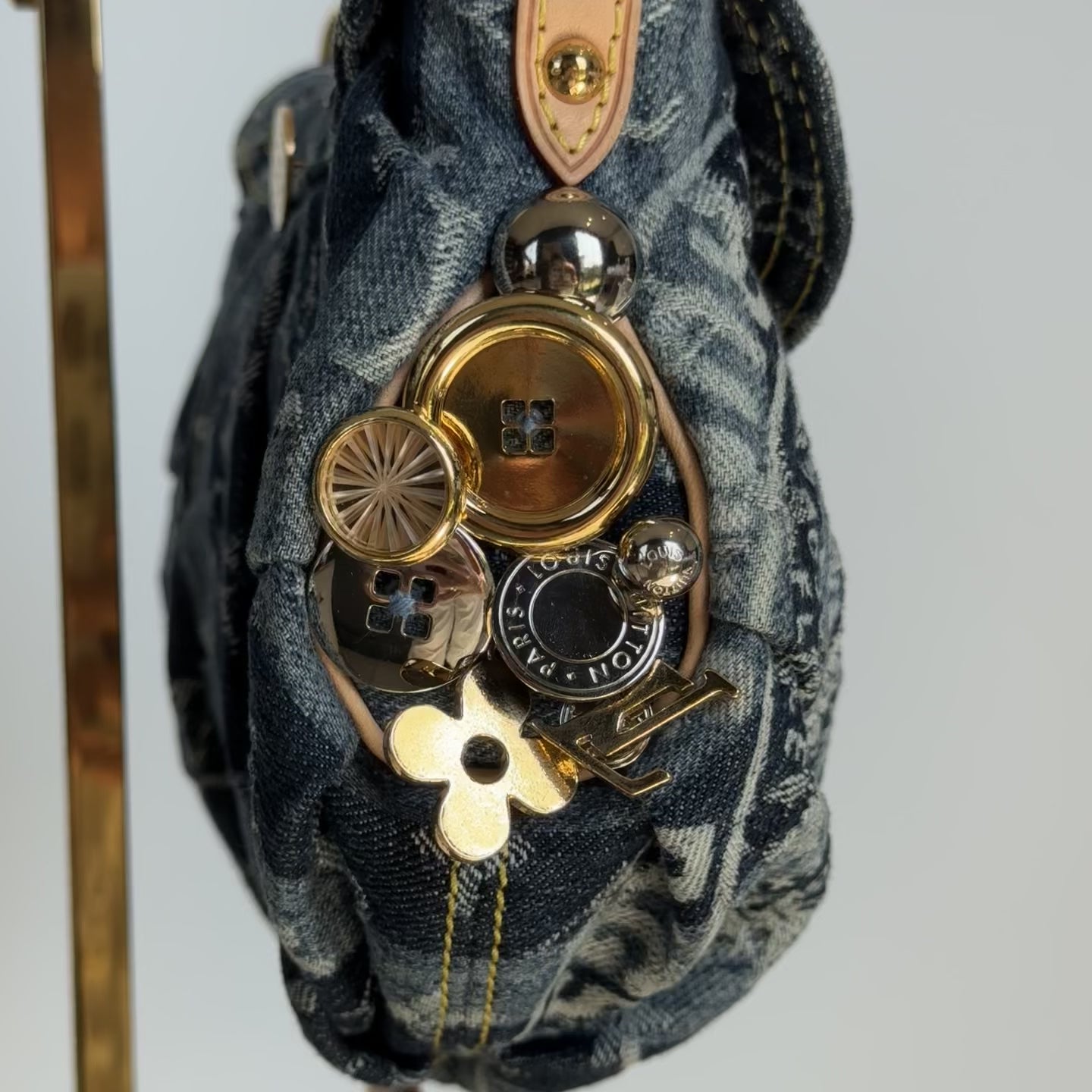 Rare Limited Edition Louis Vuitton Blue Monogram Raye Denim Judy Blame Mini Pleaty Gold & Silver Hardware, 2008 6 Charms - Queen May