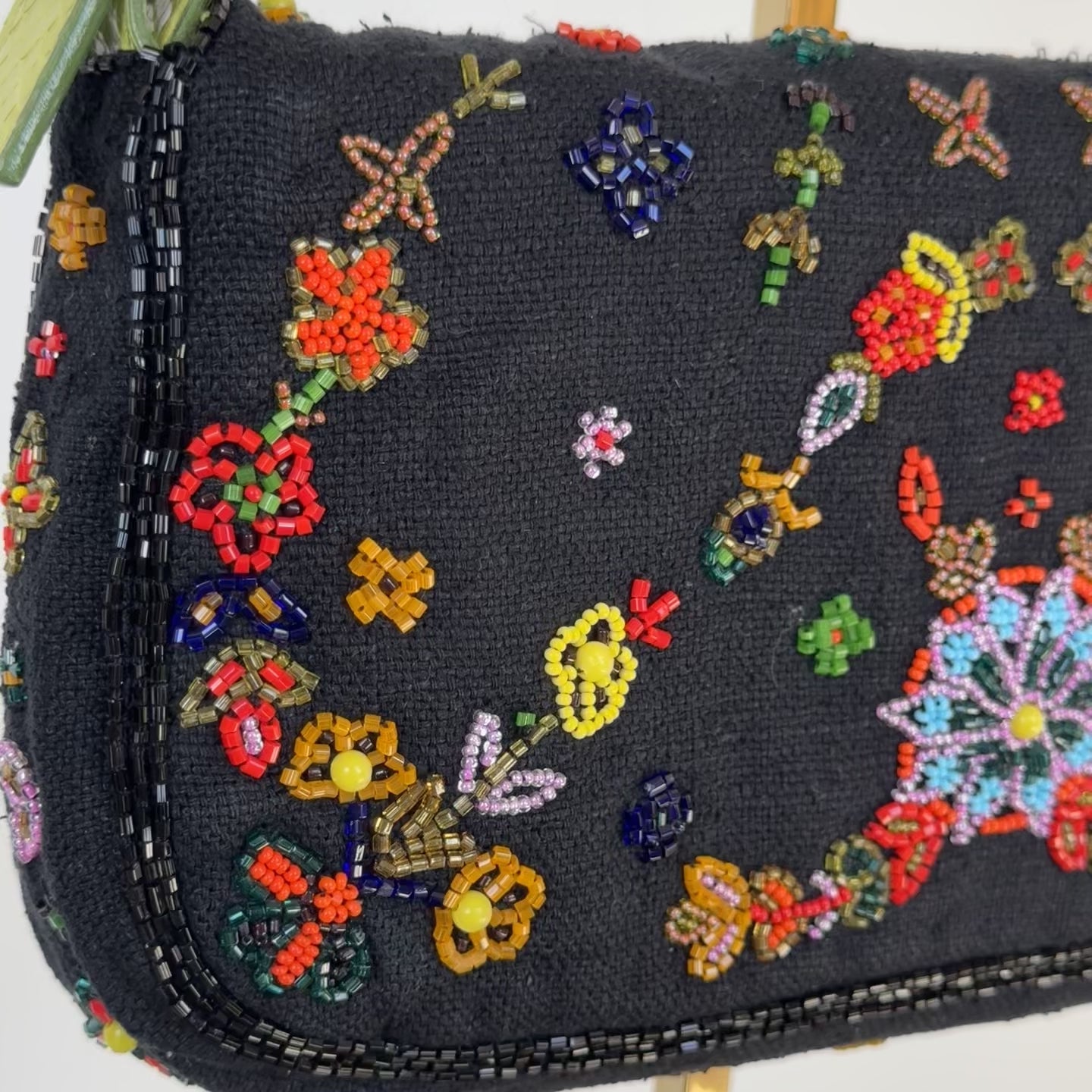 Rare Fendi Black Floral Beaded Baguette With Green Python Strap and Flap - Queen May