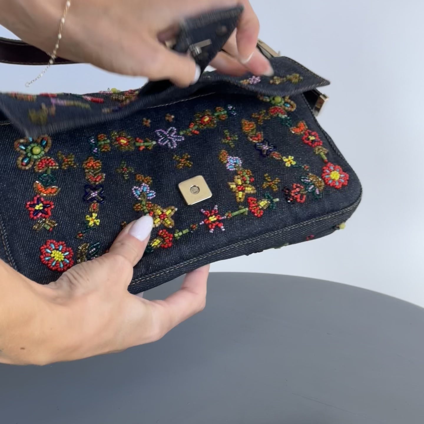 Rare Fendi Black Floral Beaded Baguette With Green Python Strap and Flap - Queen May