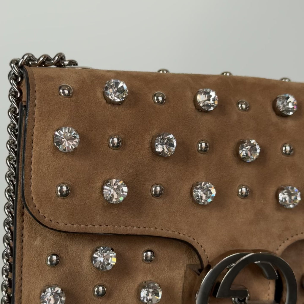 Gucci Interlocking Studded & Crystal Stones Suede Shoulder Bag Brown - Queen May